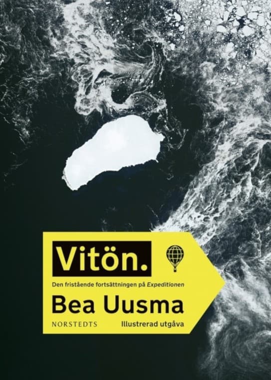 Omslaget till Bea Uusmas bok 'Expeditionen: Min kärlekshistoria' visas bredvid en närbild på en person i vinterkläder med frost i skägget, vilket skildrar polarforskningens kyla och hårda villkor.