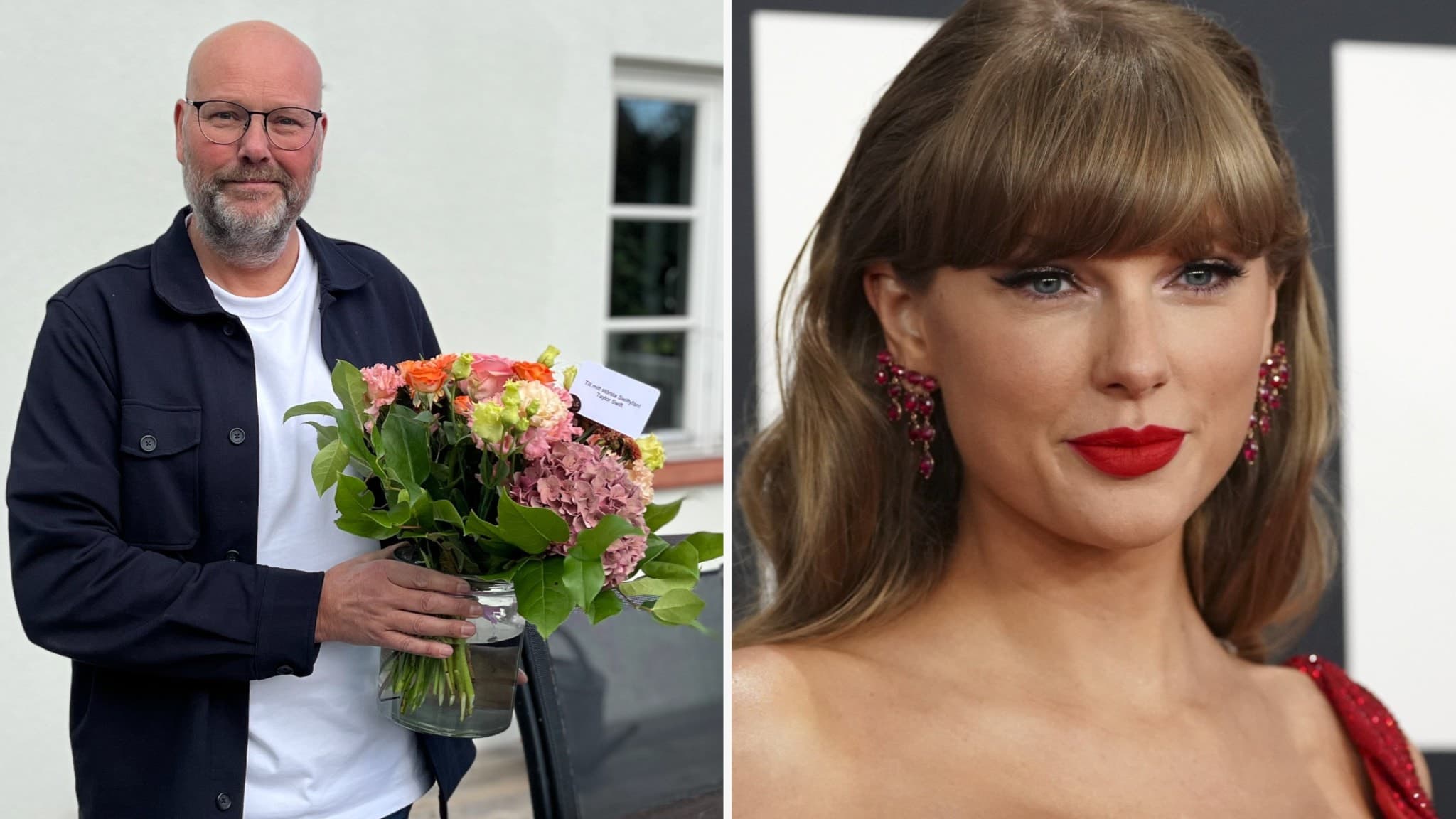 Lars Knutsson håller en bukett med färgglada blommor utanför en byggnad, medan artisten Taylor Swift i röd klänning visas på höger sida av bilden. 