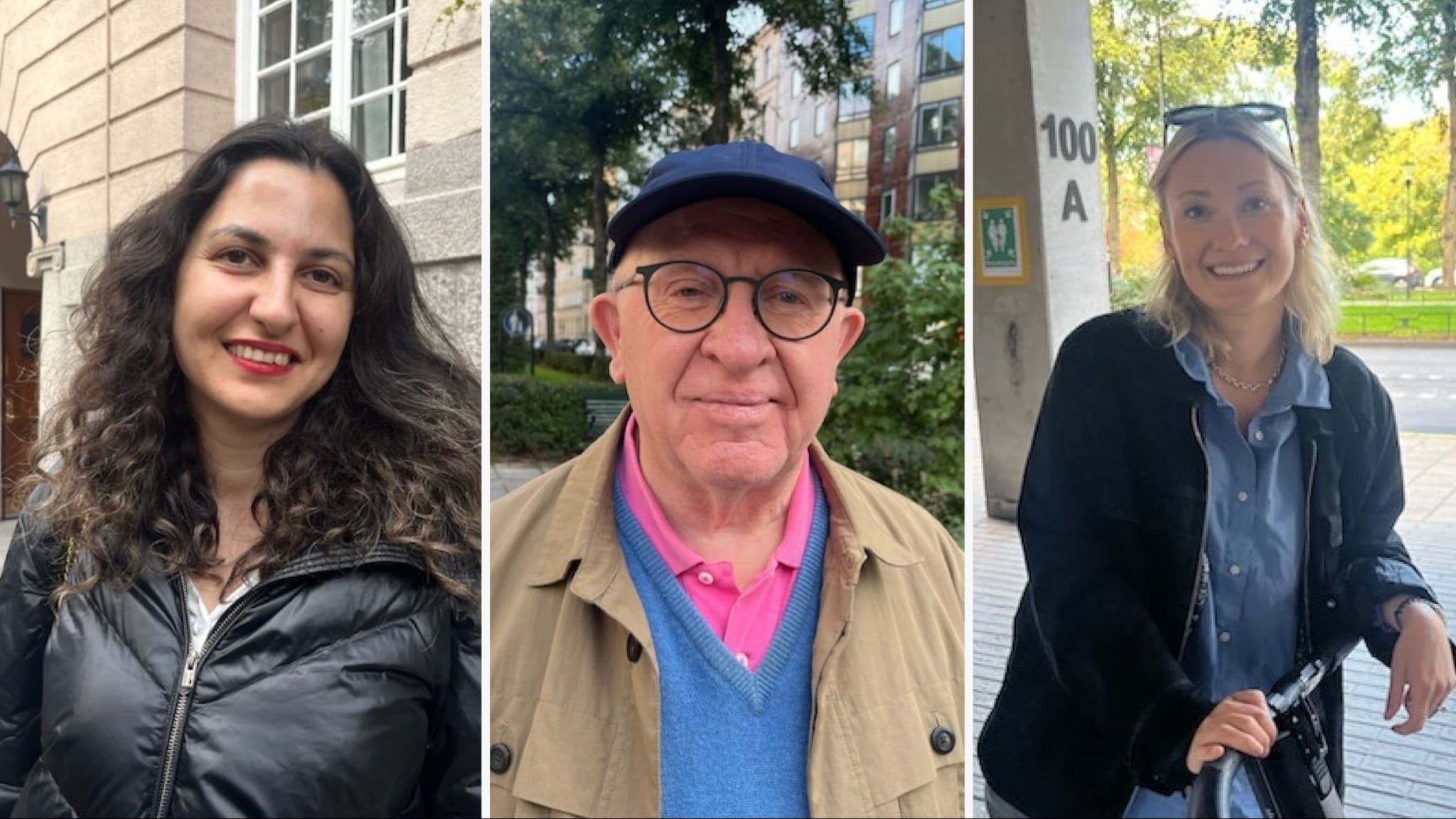 Tre stockholmare visas i bild, stående utomhus i olika miljöer. Personerna är klädda i vardagskläder, omgivna av byggnader och grönska. Bilden illustrerar listeriakaos i Stockholm.