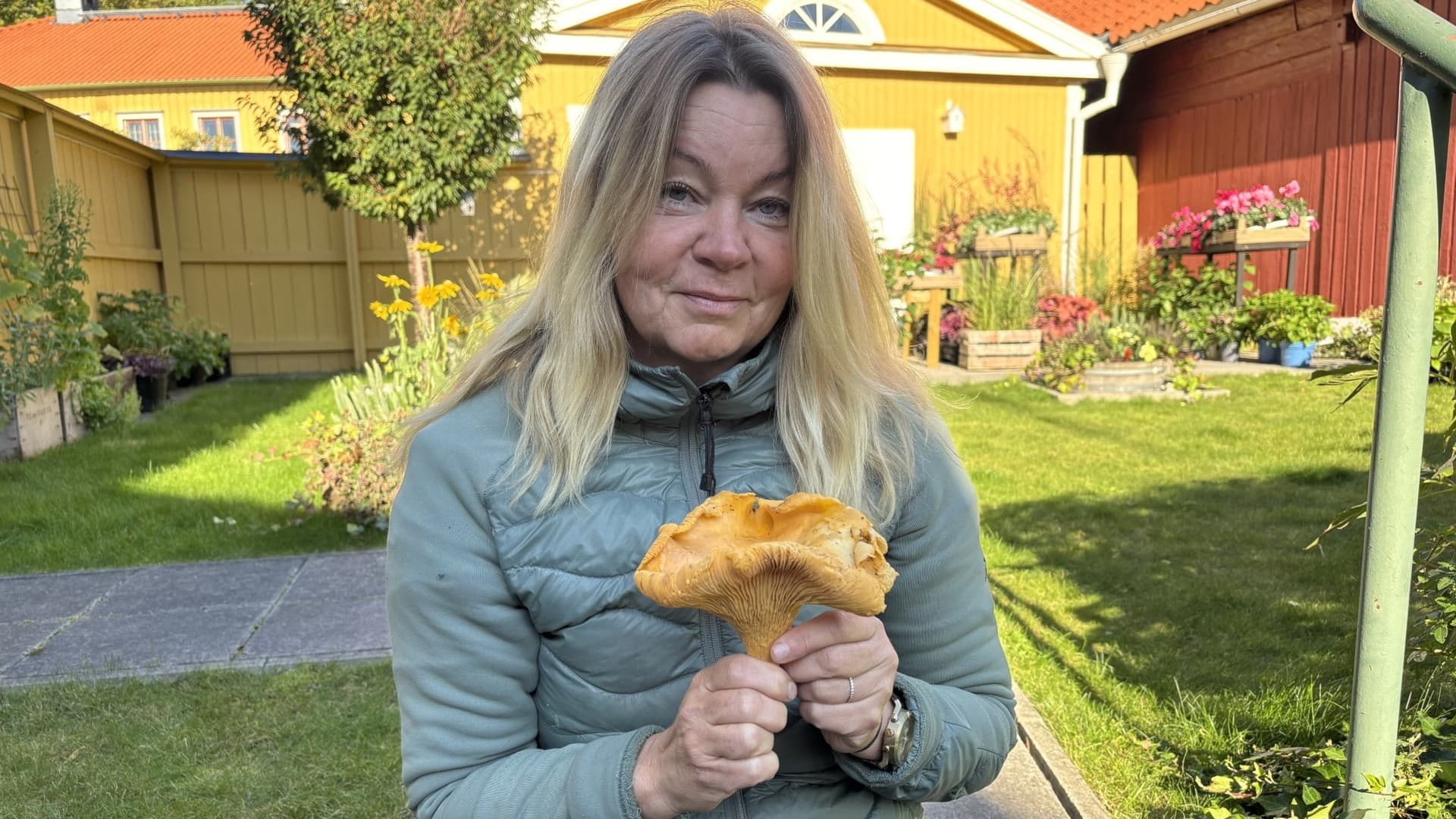En person sitter utomhus i en trädgård med gulmålade hus i bakgrunden och håller upp en stor svamp i händerna, omgiven av grönska och höstväder.