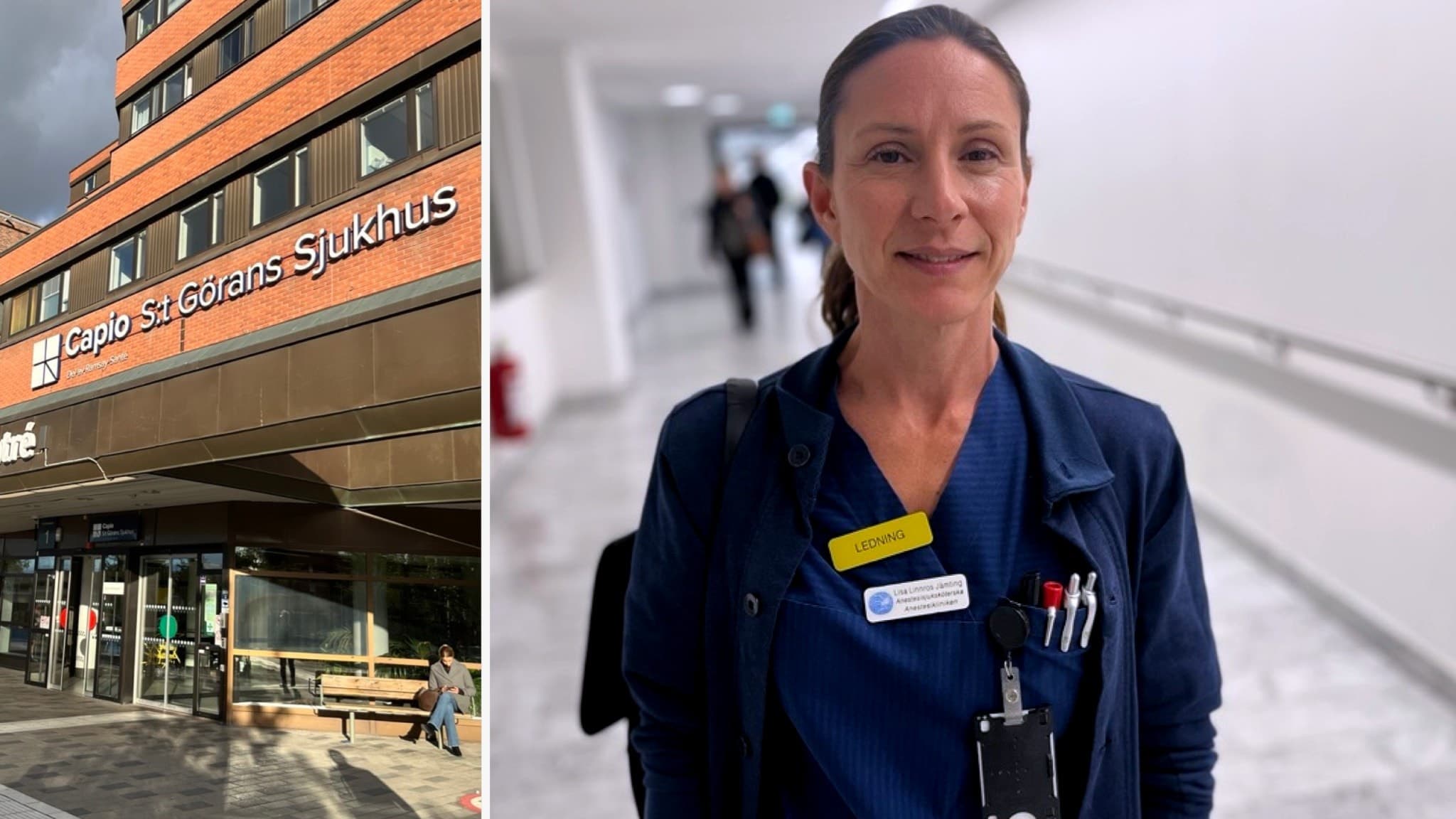 Bildmontage med Capio S:t Görans sjukhus entré till vänster och en sjukvårdspersonal i blå arbetskläder med namnskylt till höger, fotograferad i en ljus sjukhuskorridor.