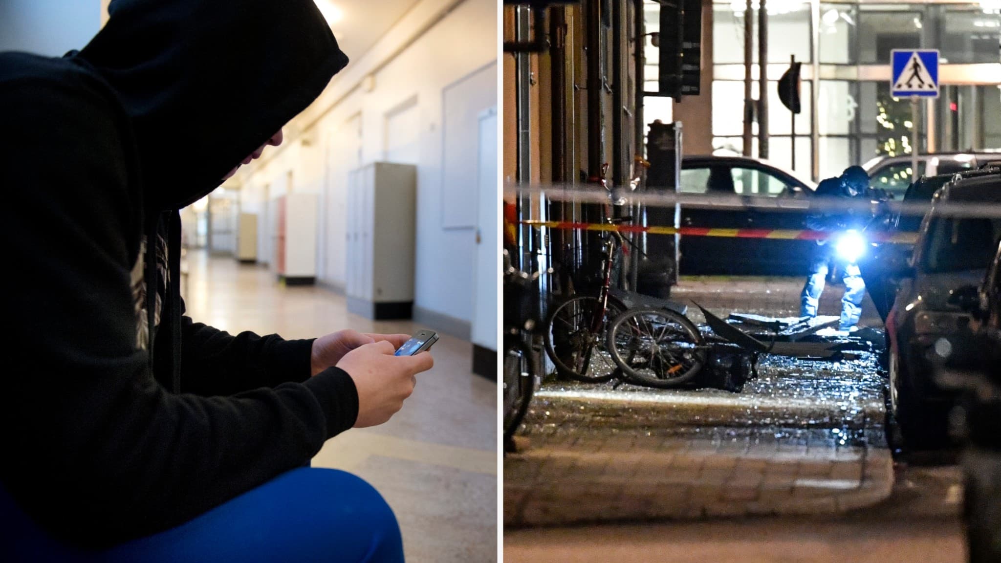 En ung person i hoodie sitter med en mobiltelefon i en korridor. PÅ en bild bredvid syns avspärrningar på en gata där en kriminaltekniker är på plats.