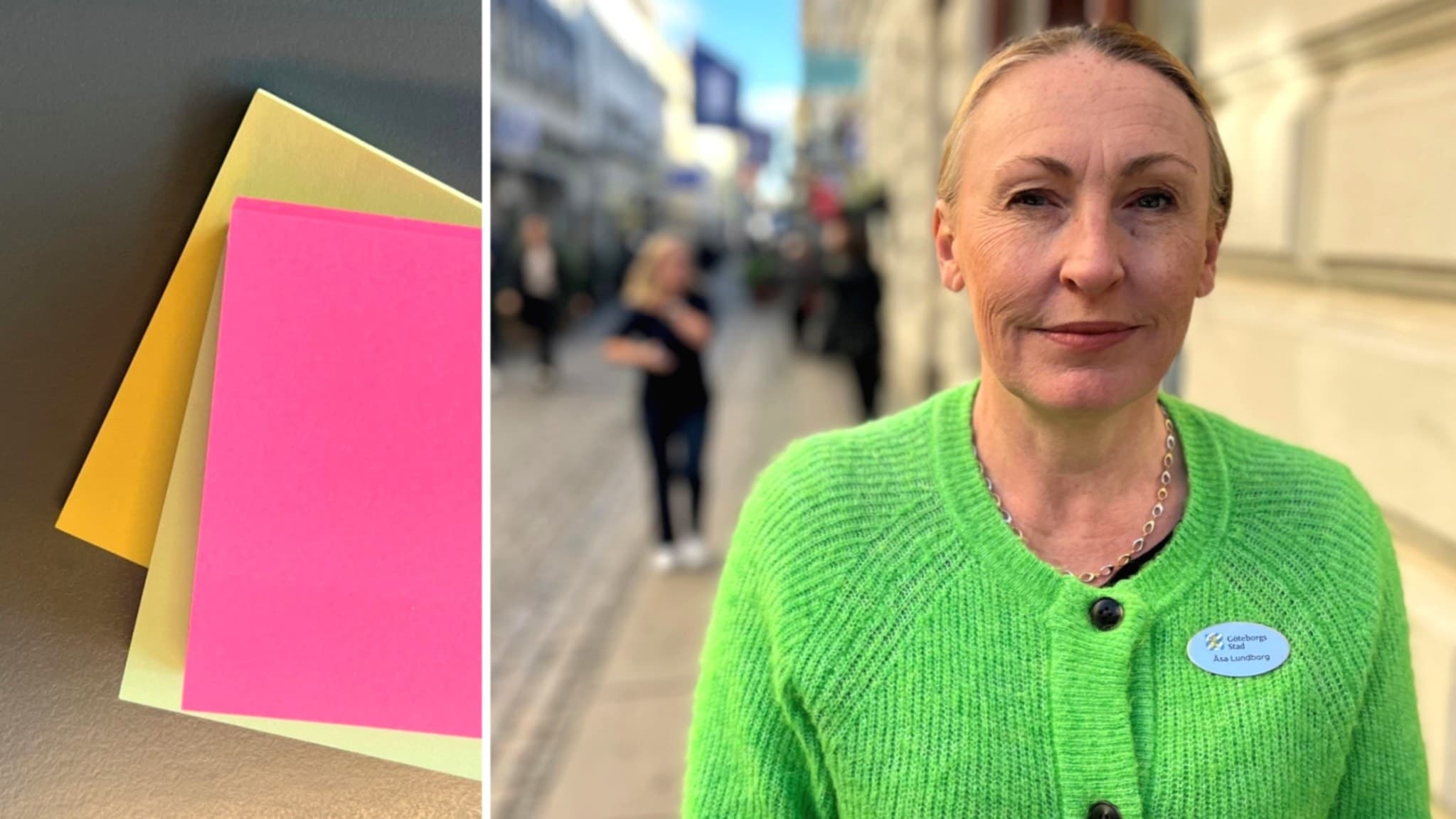 En person i en grön stickad tröja med ett namnbricksliknande märke går på en stadsgata. Till vänster syns färgglada post-it-lappar på ett bord.