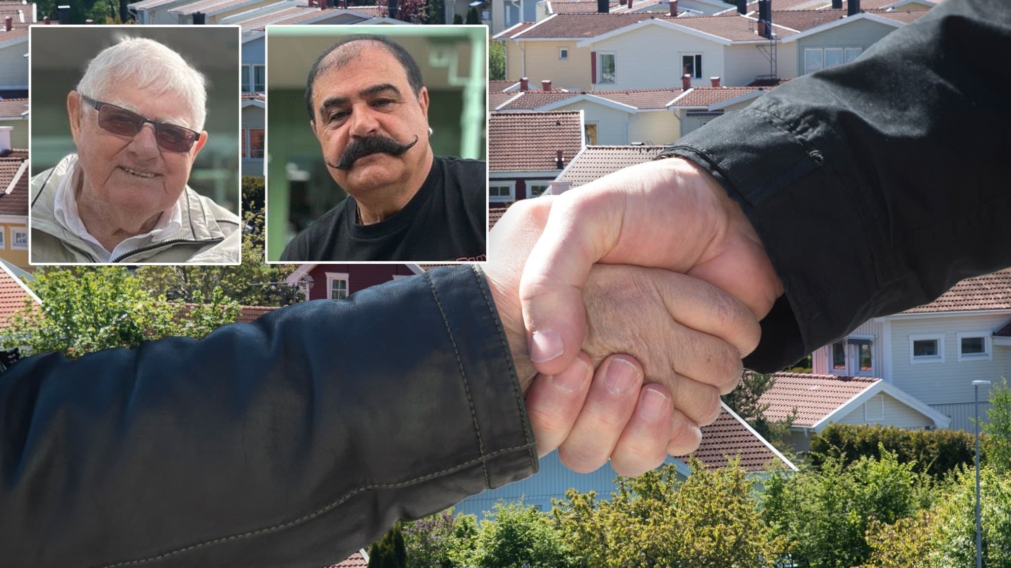 Handslag framför villor och två män infällda i rutor