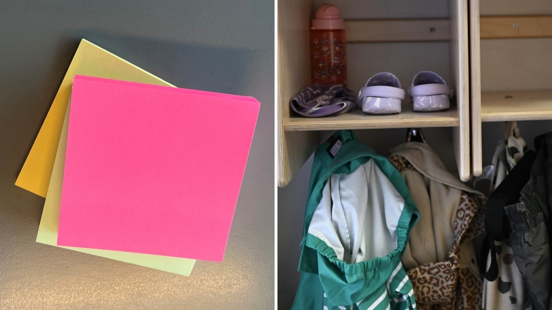Delad bild. Vänster sida visar post-it-lappar i olika färger staplade. Höger sida visar skåp med vattenflaska, skor och hängande jackor och väskor.