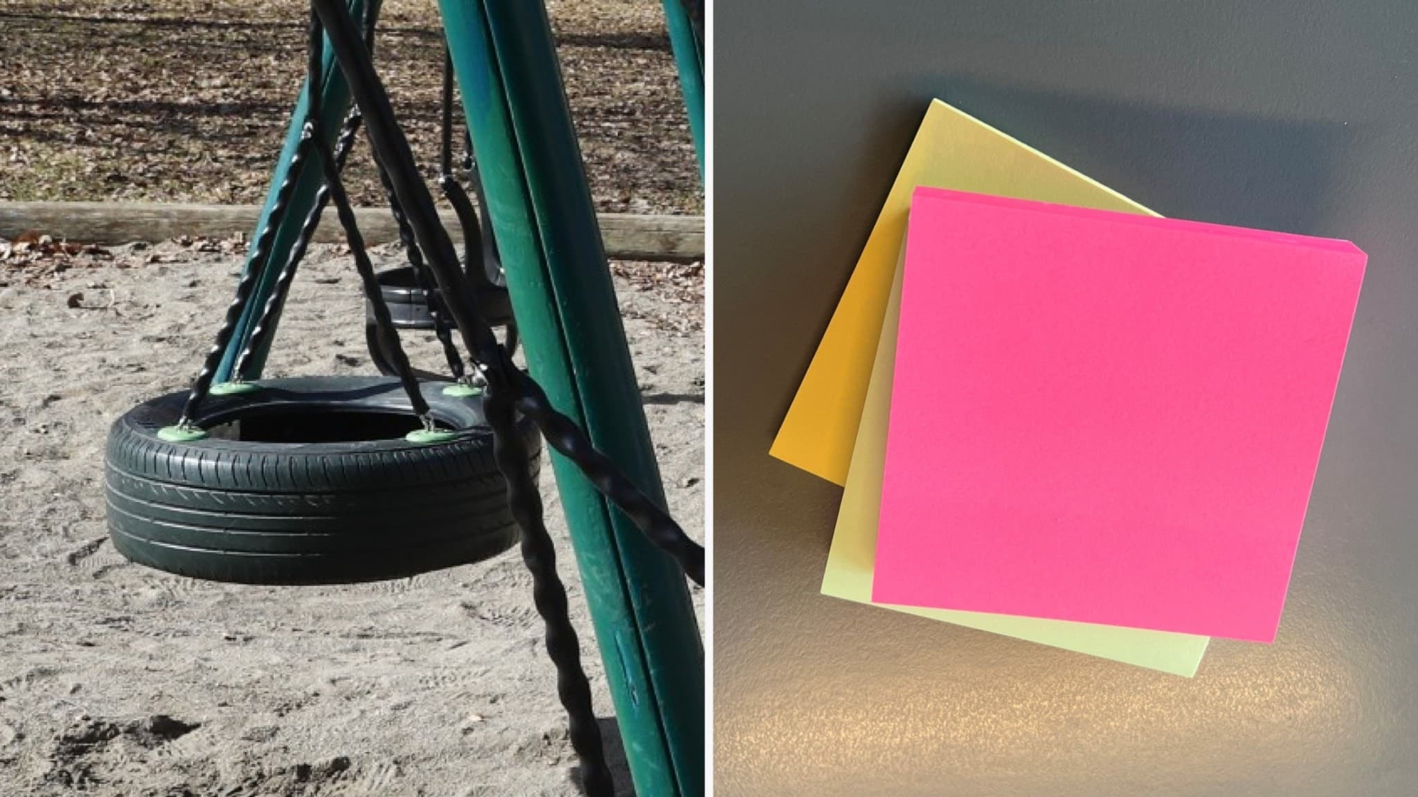 Till höger, två gungor. Till vänster, post-it-lappar i rosa, ljusgrönt och gult ligger på ett bord. 