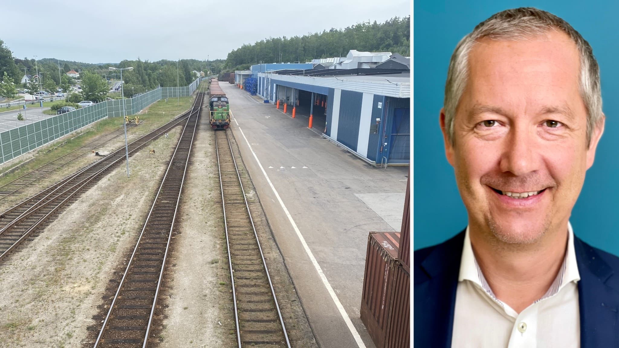 Patrick Guné, chef för stora projekt på Trafikverket, visas i en porträttbild bredvid en järnvägsstation med flera spår och ett godståg i ett industriområde.