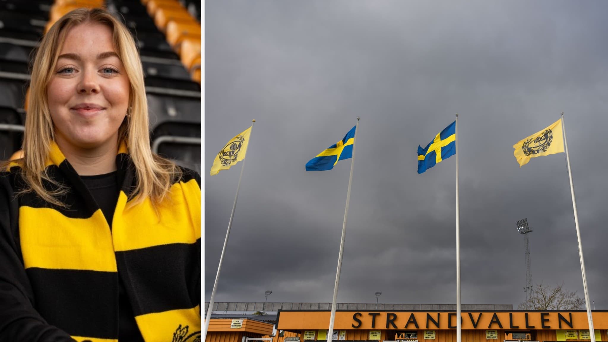 Selma Ernestrand klädd i svart och gul halsduk framför läktare samt Strandvallen med svenska flaggor vajande under mulen himmel i bakgrunden, kopplat till fotbollsmiljö.