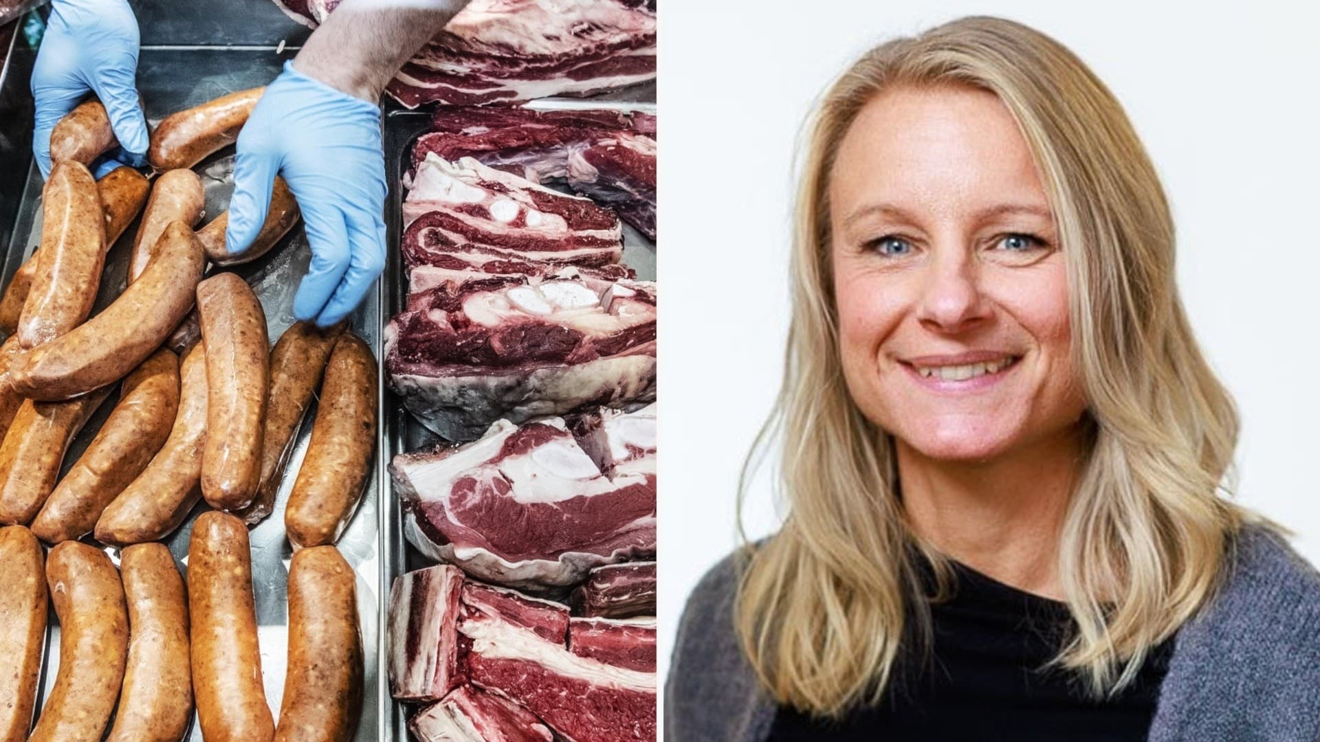 Delad bild. Till vänster syns kött och korv i en köttdisk i Hötorgshallen. Till höger syns Anna Kempe är dietist i Jönköping. Hon har blont hår och blåa ögon. Hon ler mot kameran. Hon har en grå kofta över en svart tröja på sig. Bakgrunden är vit.