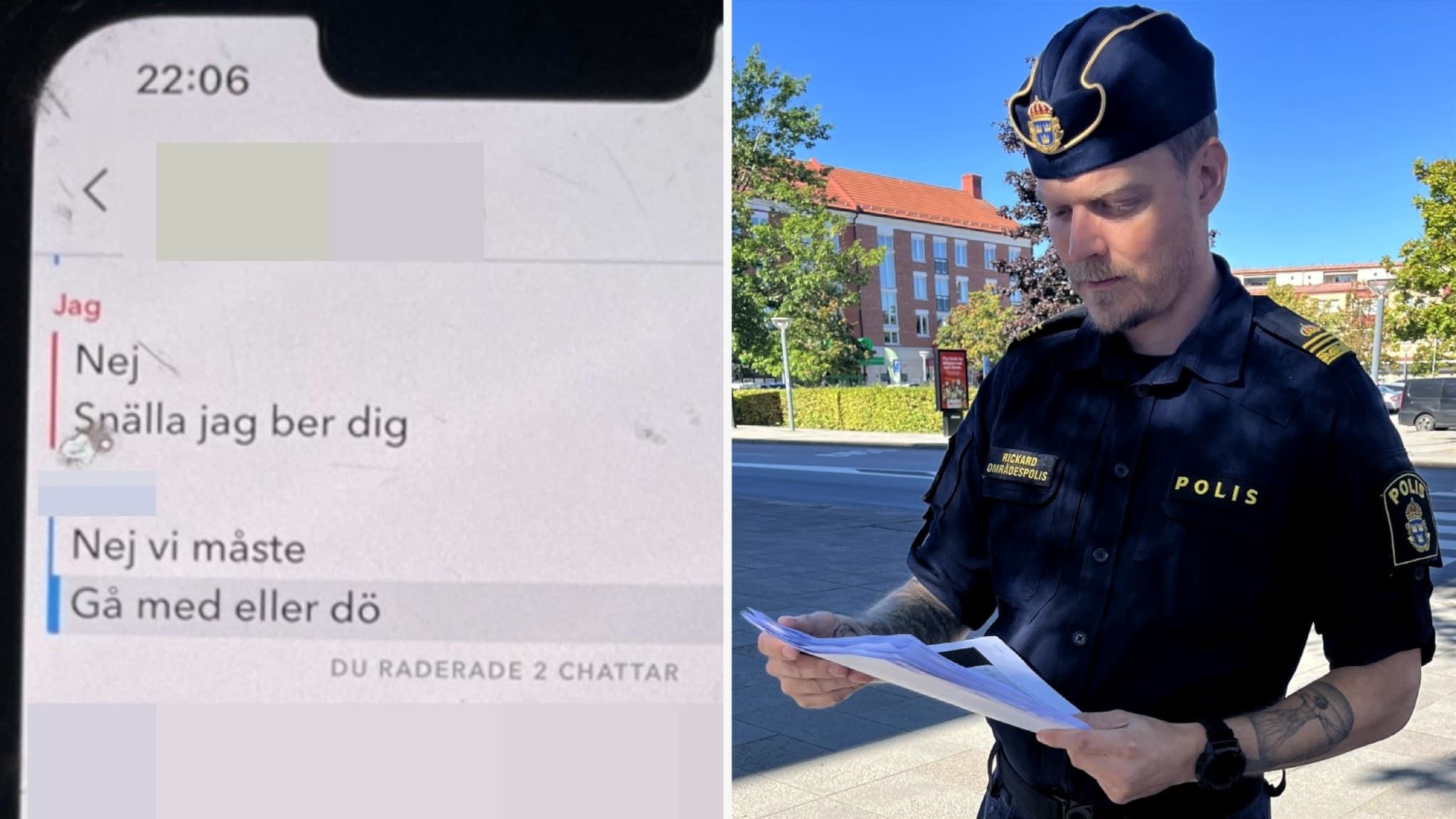 Områdespolisen Rickard Bowin håller i dokument och står utomhus i polisuniform. Bredvid visas en mobilskärm med ett meddelande där en 11-åring hotas för att ha vägrat gå med i ett kriminellt gäng.