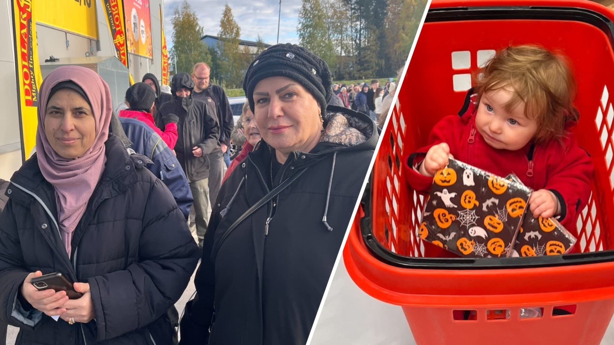Till vänster två kvinnor står utanför entrén till Dollarstore, till höger ett litet barn som sitter i en kundkorg.