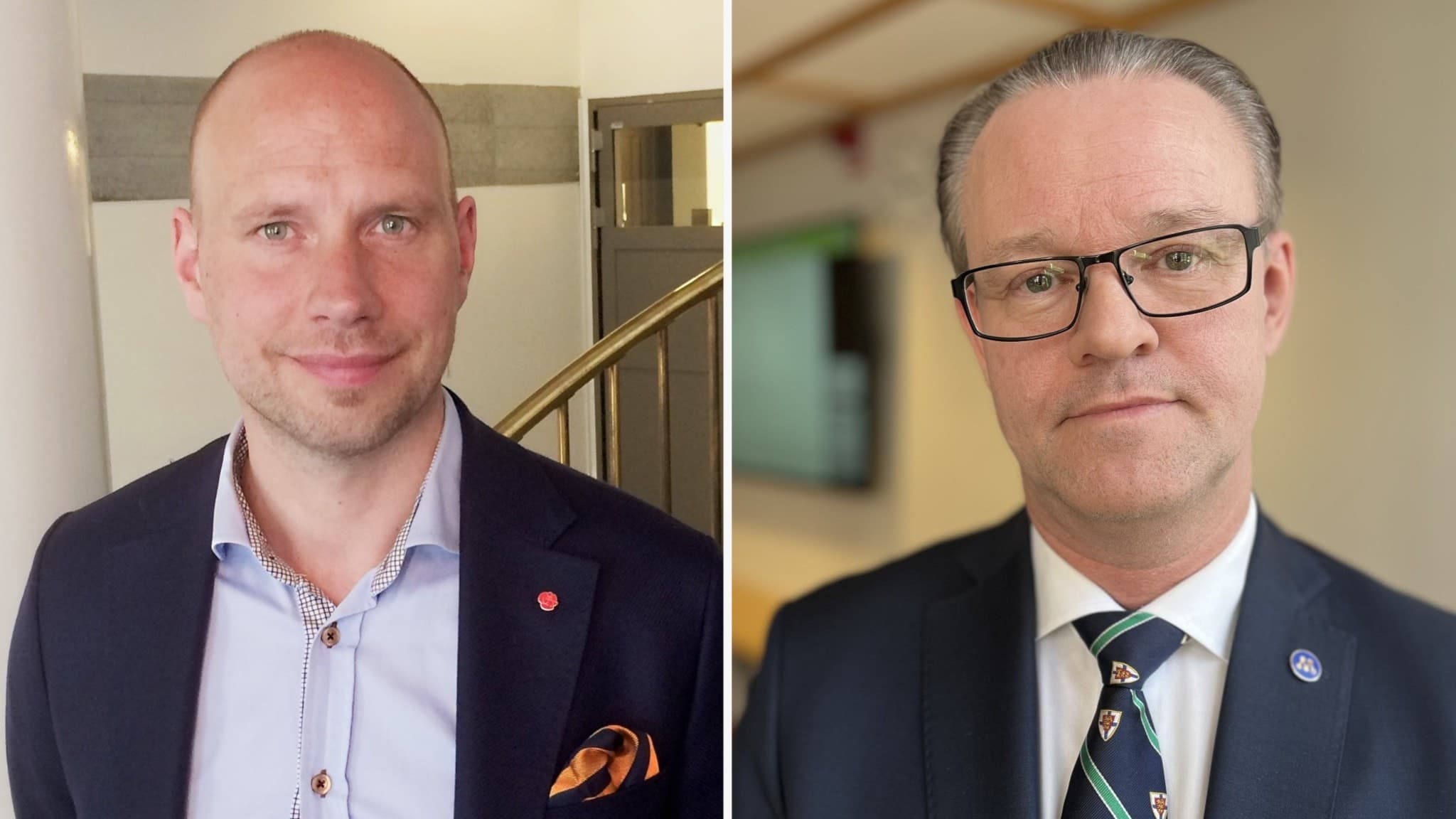 Två män i kostym står inomhus på separata platser, den ena med en näsduk i bröstfickan och den andra med en slips.