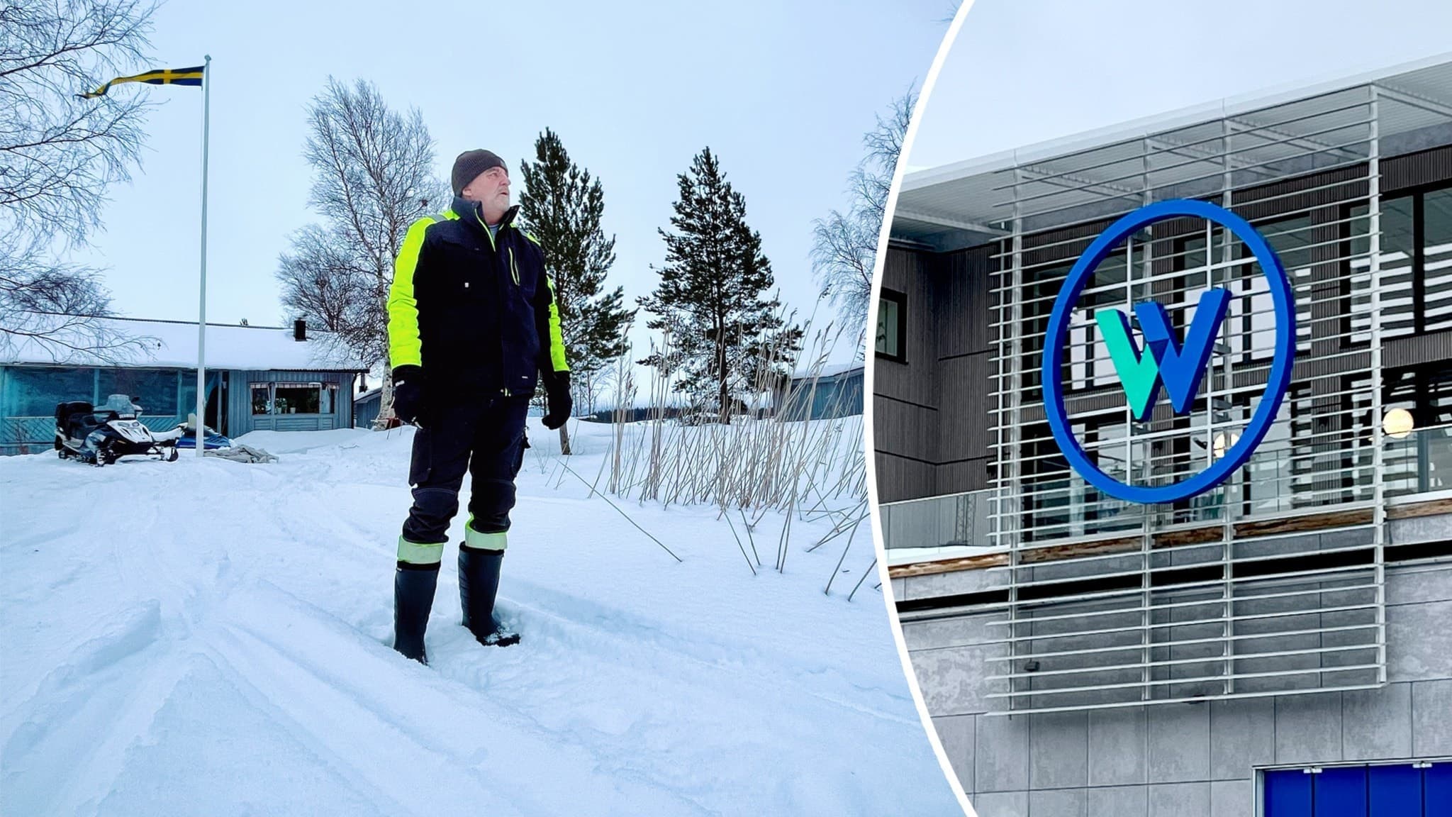 Kollage med två bilder. Till vänster Skelleftehamnsbon fotograferad utanför sitt hus på ön Storgrundet. Till höger Bild av fasaden till Wibax huvudkontorsbyggnad i Piteå. Fotograferad en mulen februaridag.
