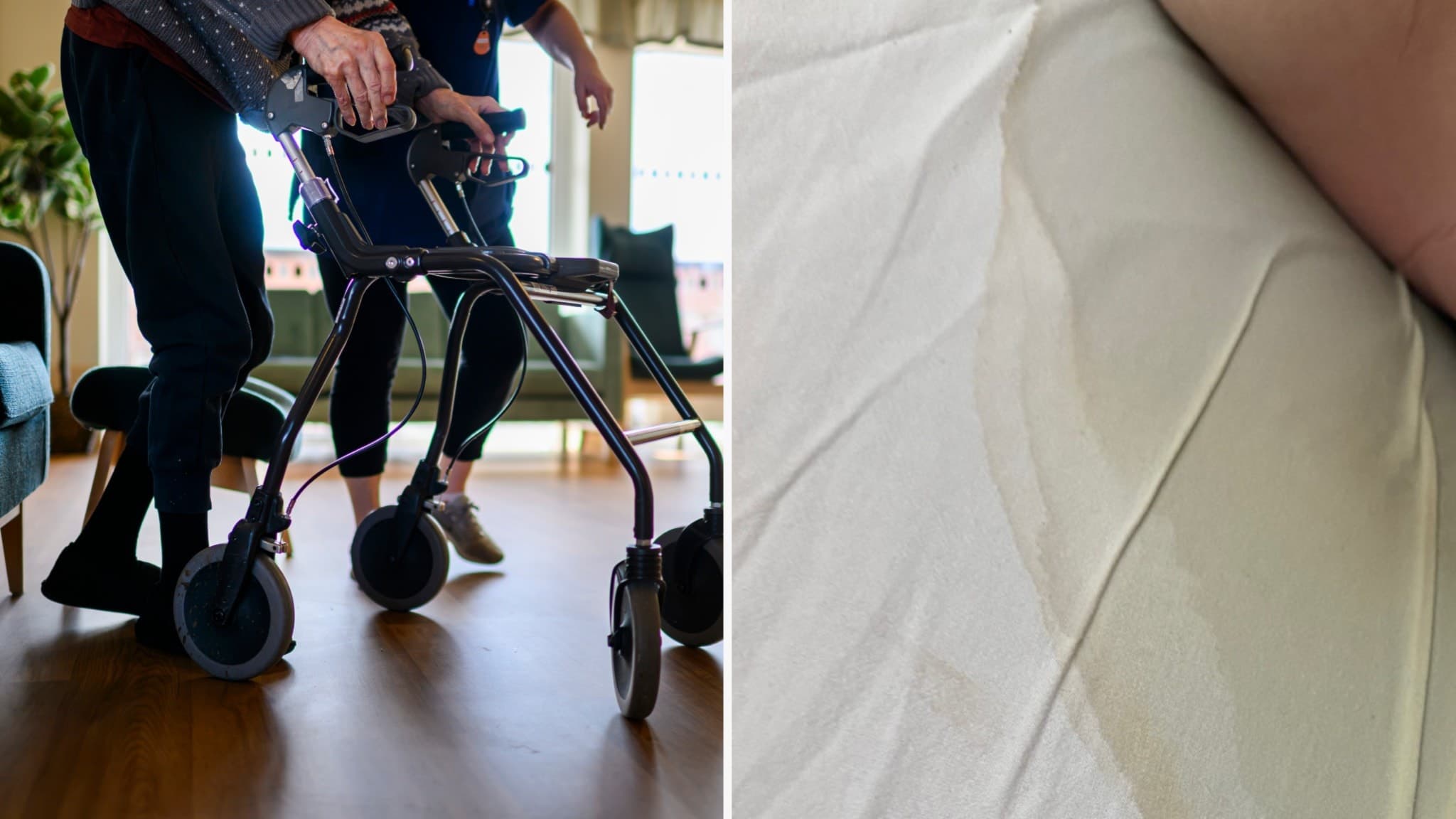 En äldre person med rollator får stöd av vårdpersonal inomhus. Bredvid syns en närbild på en nedkissad säng.
