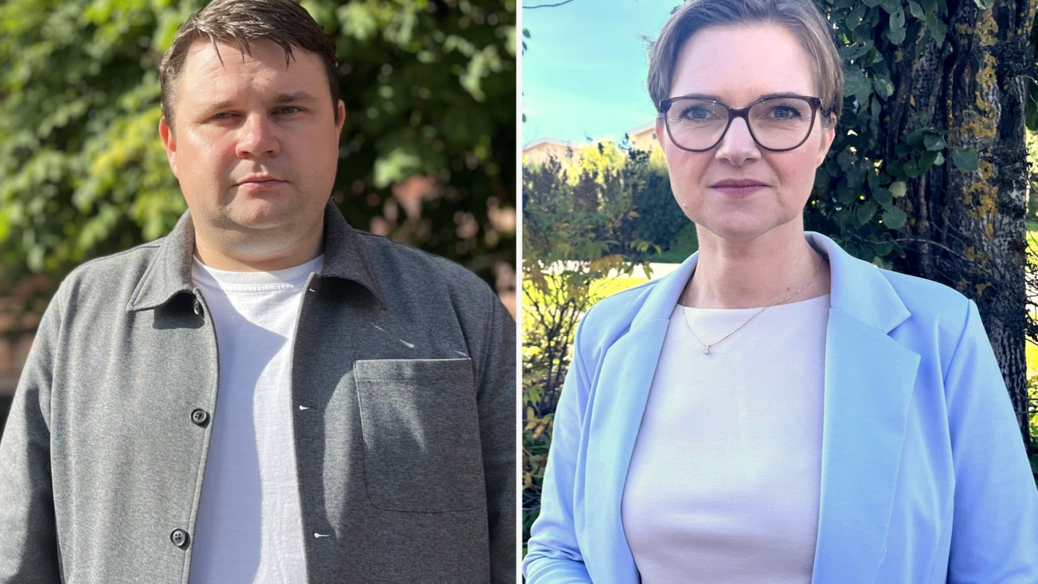 Alicia Kapica, moderat oppositionsråd, står utomhus i ljusblå kavaj framför grönska, medan Niklas Säwén, socialdemokratiskt kommunalråd, står i grå jacka framför en byggnad med grönskande träd.