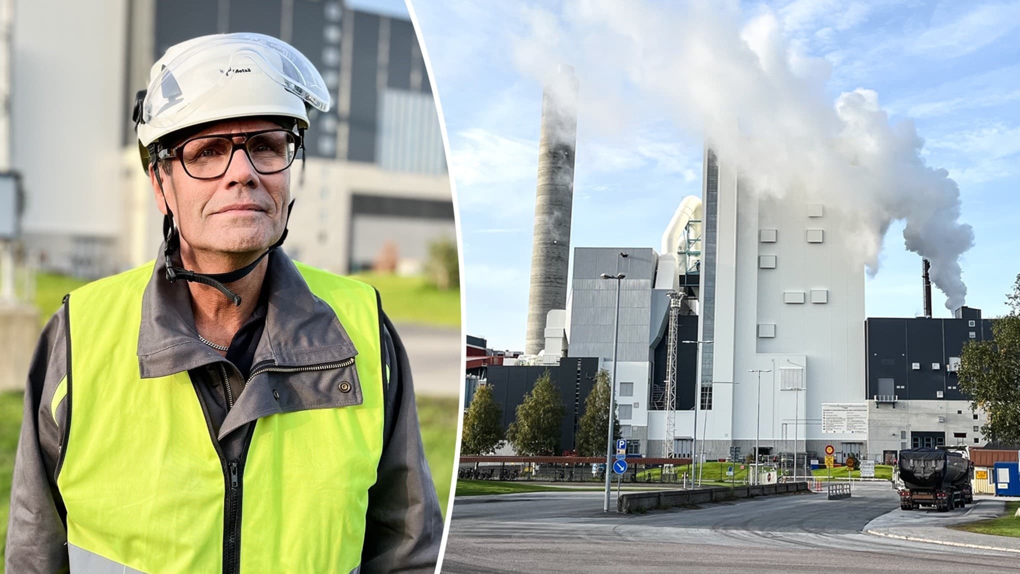 Stefan Rönnquist, stoppgeneral på Metsä i Husum, med fabriken i bakgrunden.