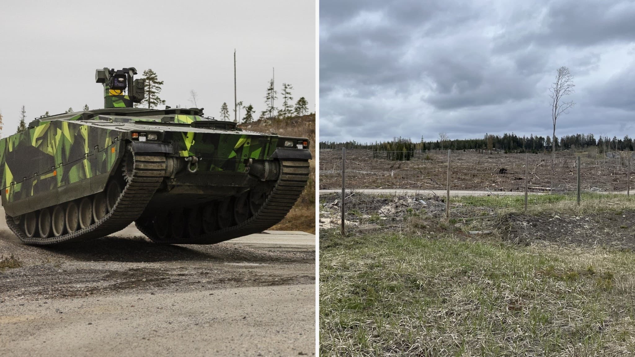 Ett militärfordon i kamouflagefärger kör på en grusväg vid ett kalhygge i Torsboda. Dystra moln täcker himlen över det avverkade landskapet.