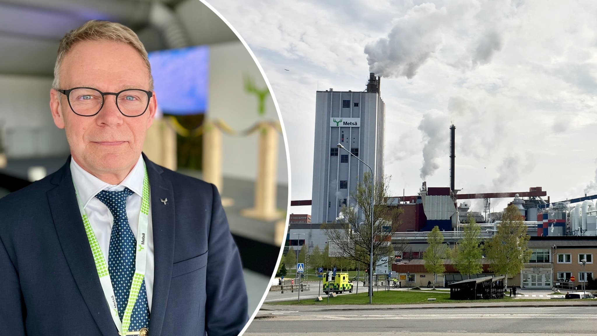 Olov Winblad von Walter, platschef Metsä Board Husum. Till höger syns exteriören på Husumfabriken.