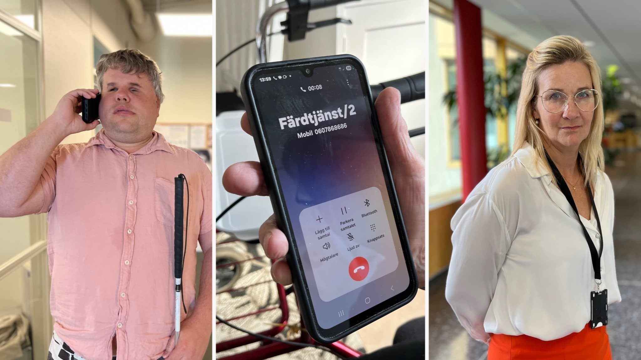 Blinde Peter Tjärnberg pratar i en mobil. En närbild på mobilskärmen och Maria Chruzander, ansvarig för färdtjänsten i Sundsvalls kommun.