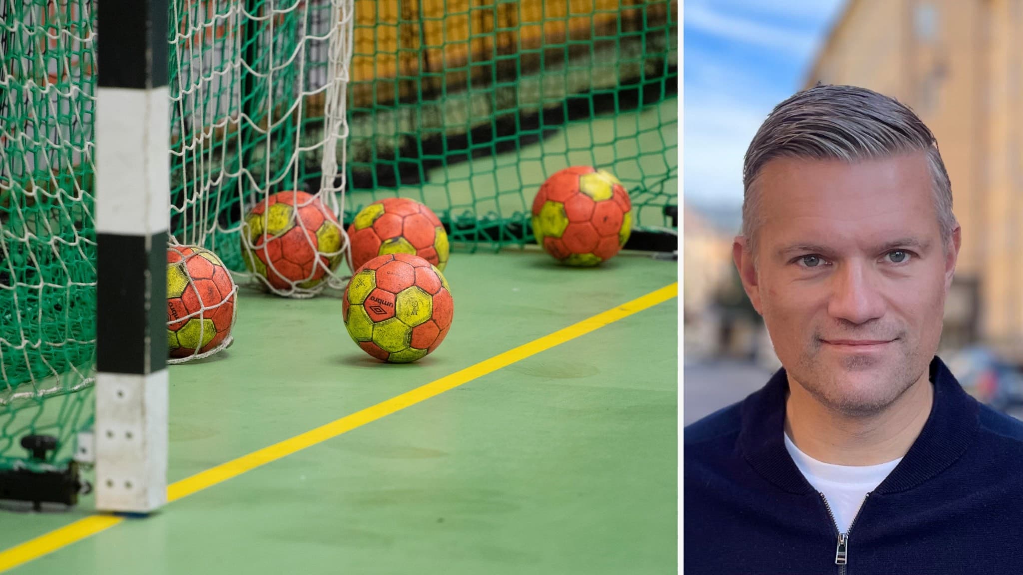 Handbollar ligger vid ett handbollsmål i en idrottshall. Till höger syns Johan Apel, ny ordförande i handbollsklubben VästeråsIrsta, mot en bakgrund av en stadsmiljö.