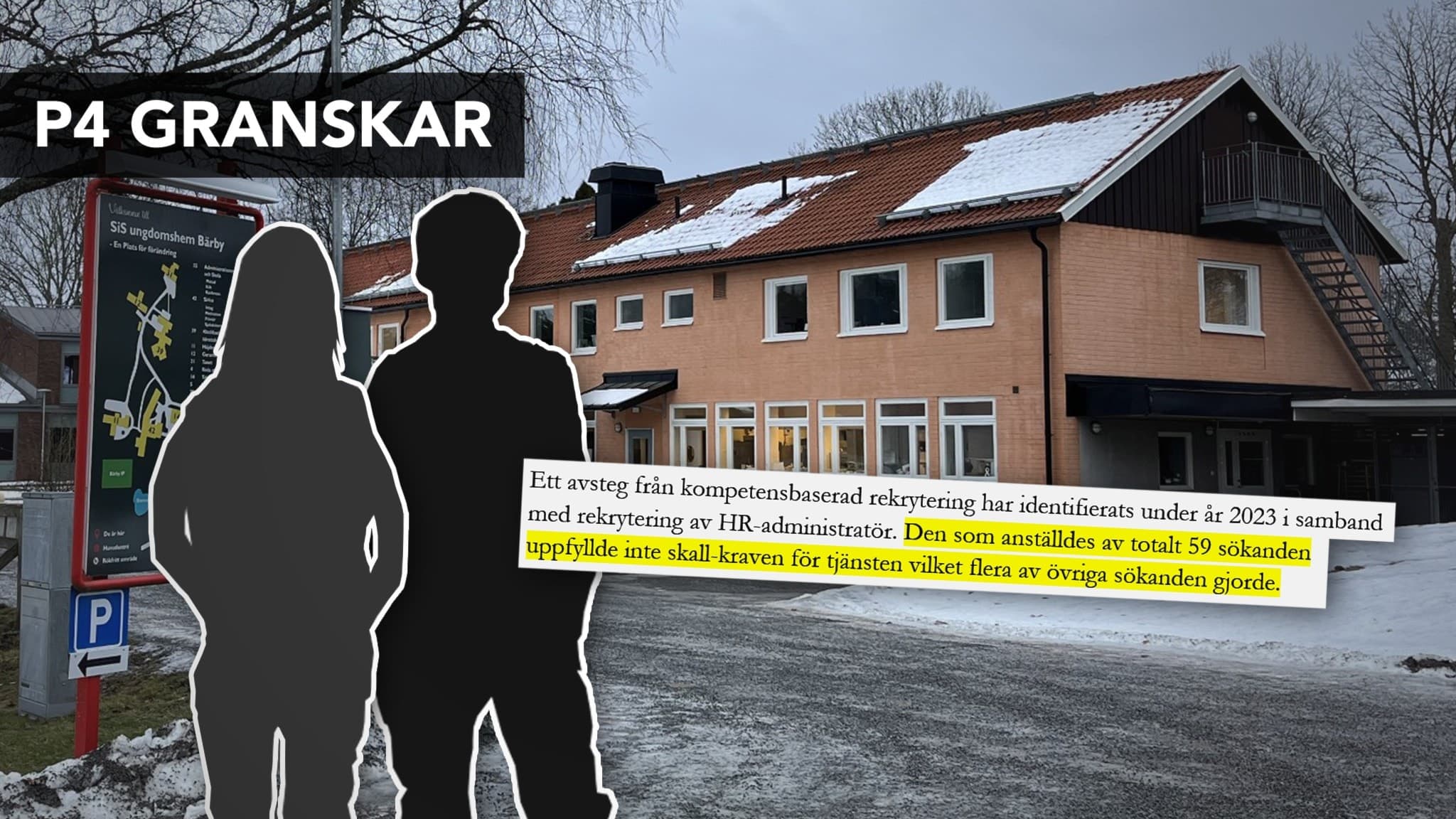 Två siluetter, en man och en kvinna, står framför bärby sis-hem. Inklippt i bilden är en text från en undersökning där det står: ”Den som anställdes av totalt 59 sökanden uppfyllde inte skall-kraven för tjänsten vilket flera av övriga sökanden gjorde.”