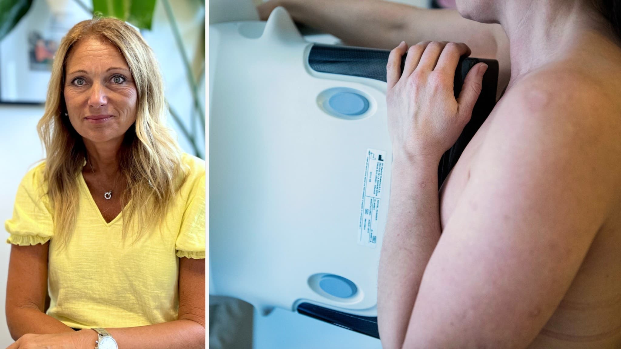 Tvådelad bild. Vänster sida visar en kvinna i gul tröja sittande inomhus. Höger sida visar en närbild av en person som genomgår en medicinsk undersökning vid en maskin.