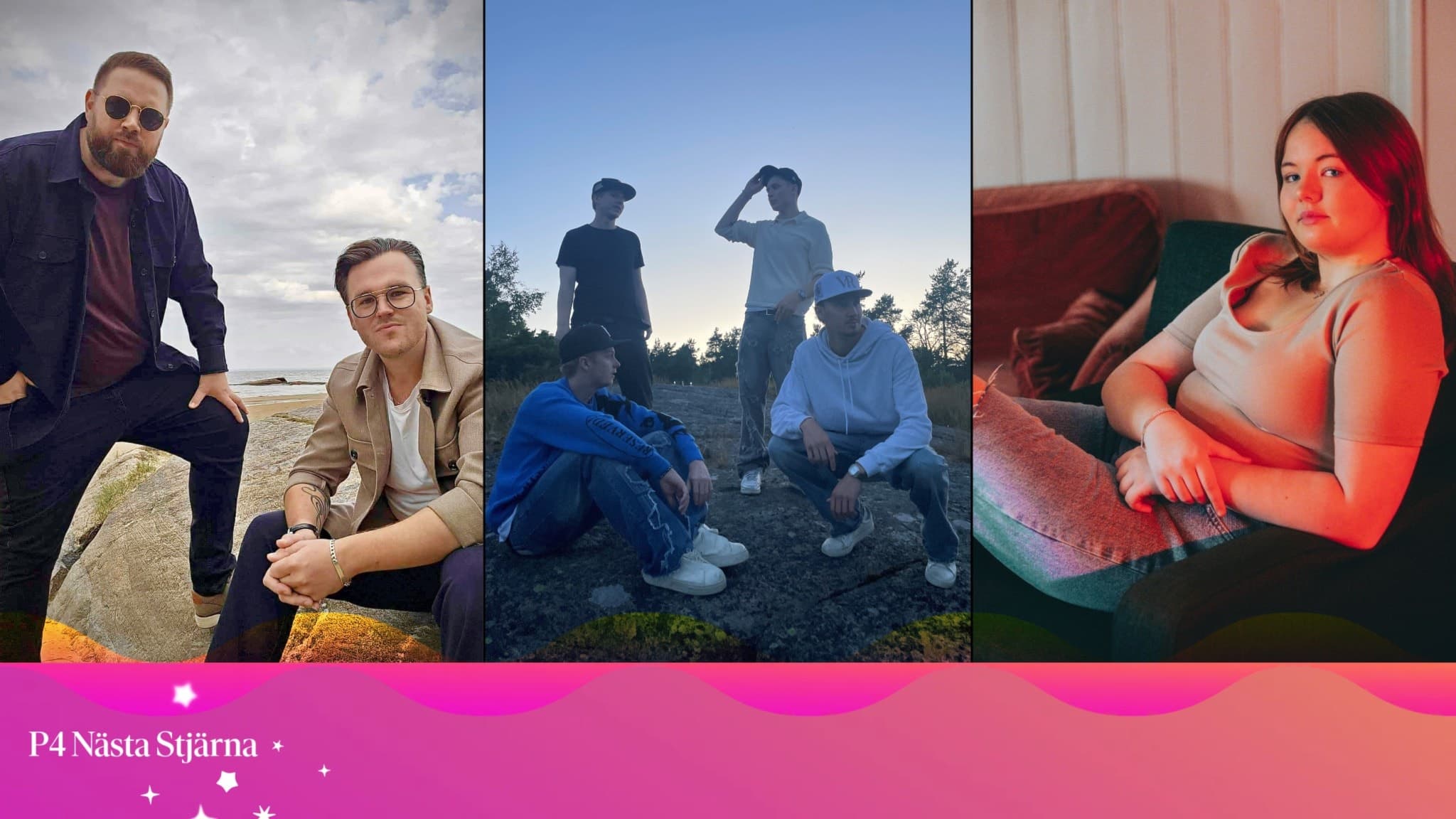 Axel Frank, YSE och Tindra Bergenheim, finalister i P4 Nästa Stjärna i väst, poserar i olika miljöer: vid havet, i naturen och inomhus. Bilden visar deras mångsidighet och personliga stil.