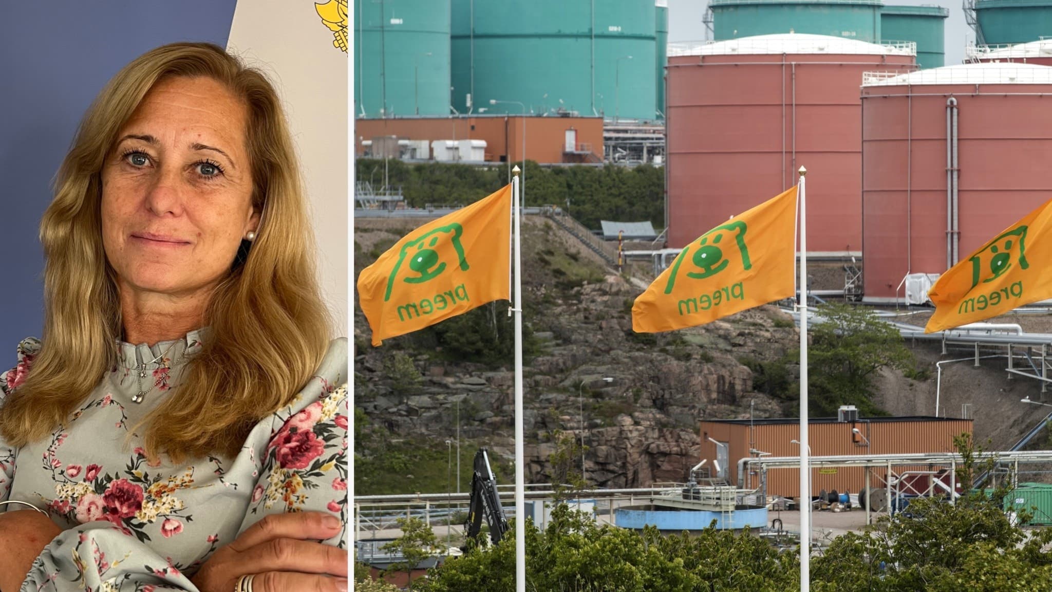 Malin Hedin, samordnare för Arbetsmiljöverket, framför en bakgrund med industribyggnader och flaggor med Preem-logotypen vid ett raffinaderi.
