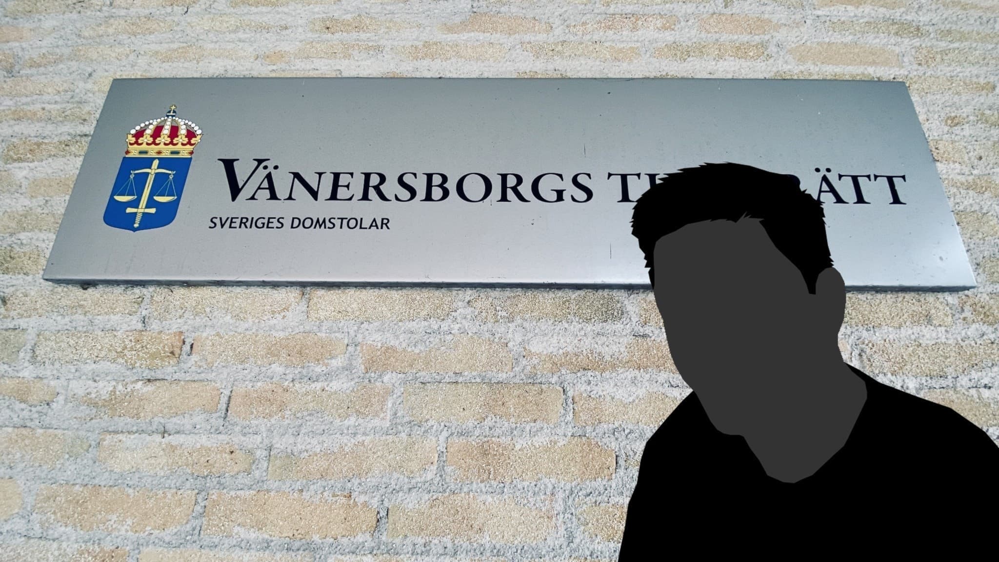 Vänersborgs Tingsrätt och en inklippt siluett av en man.