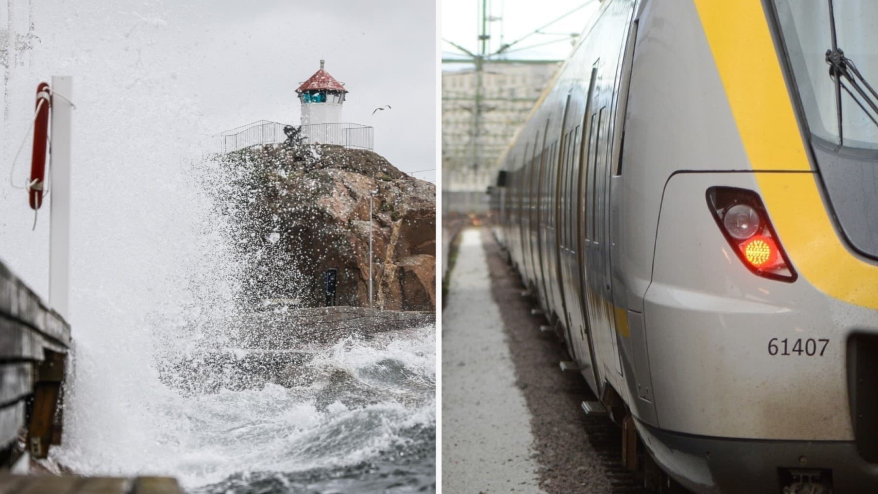 Bildmontage med stormande vågor vid en fyr och ett stillastående tåg på en station. Tågen mellan Öxnered och Uddevalla stängs av på grund av stormen Amy.