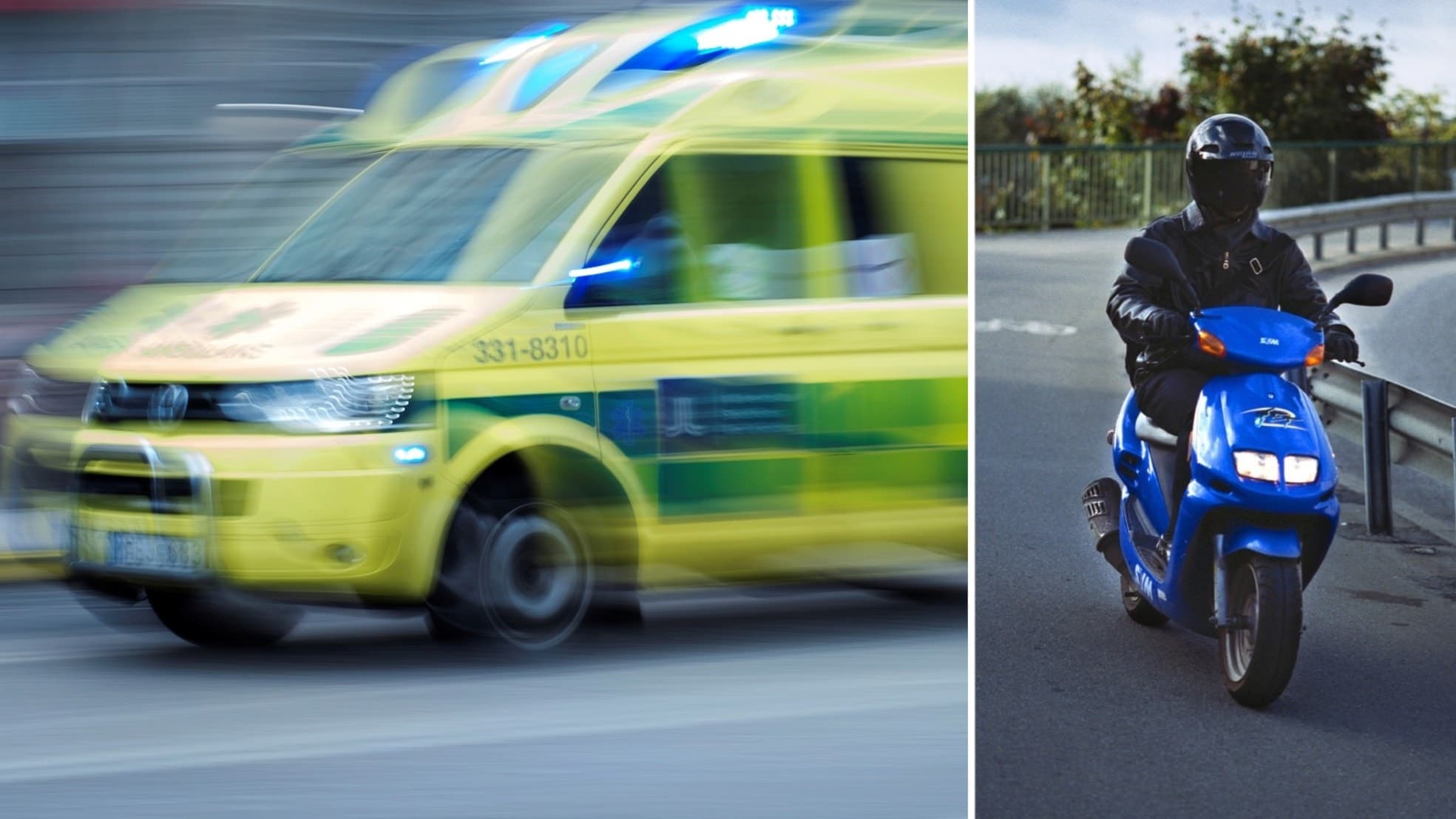 Splitbild med en ambulans till vänster och en mopedist till höger.