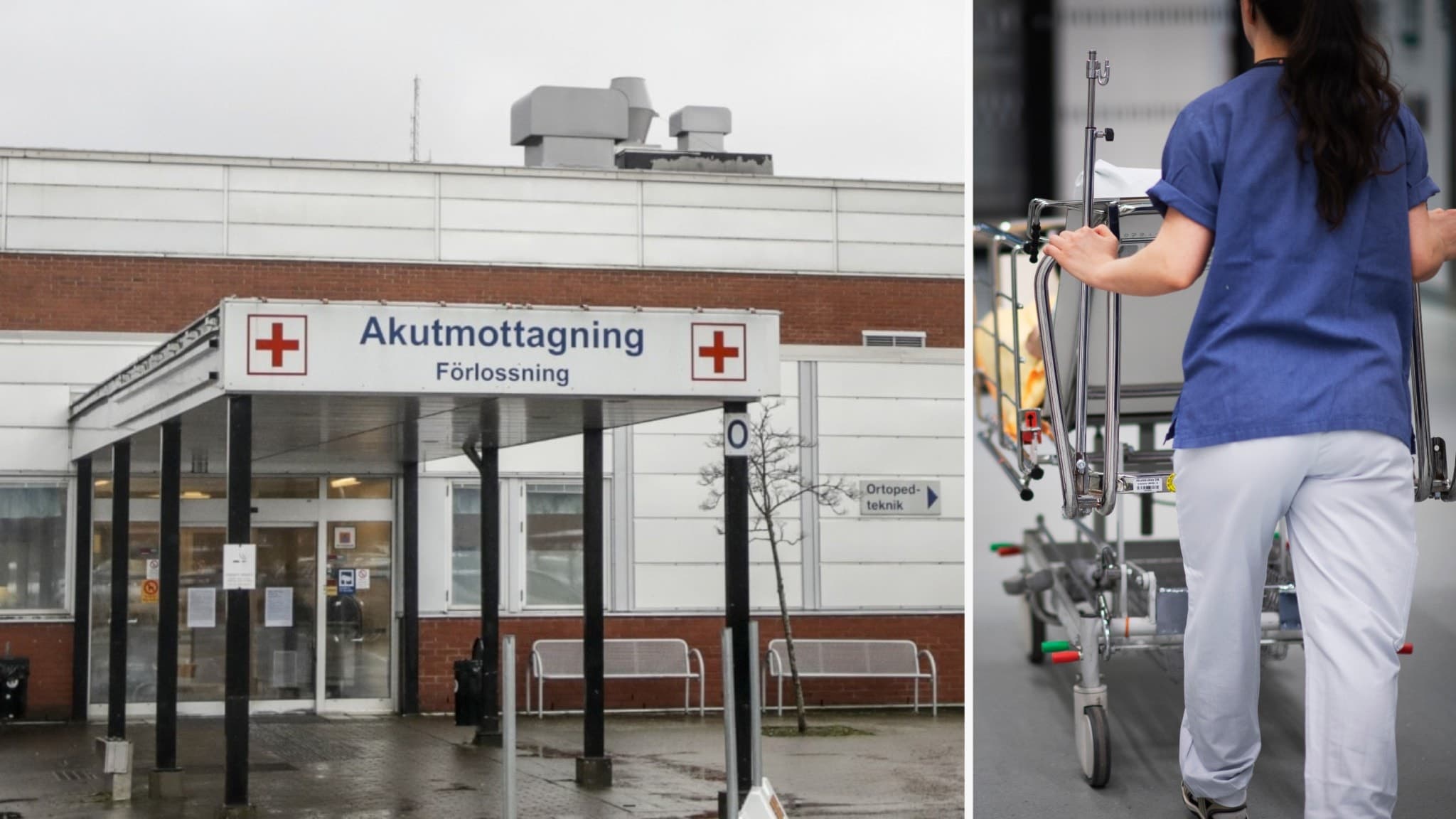Entrén till akutmottagningen i Varberg med skylt och röd korssymbol, samt vårdpersonal i blå uniform som skjuter en sjukhussäng.