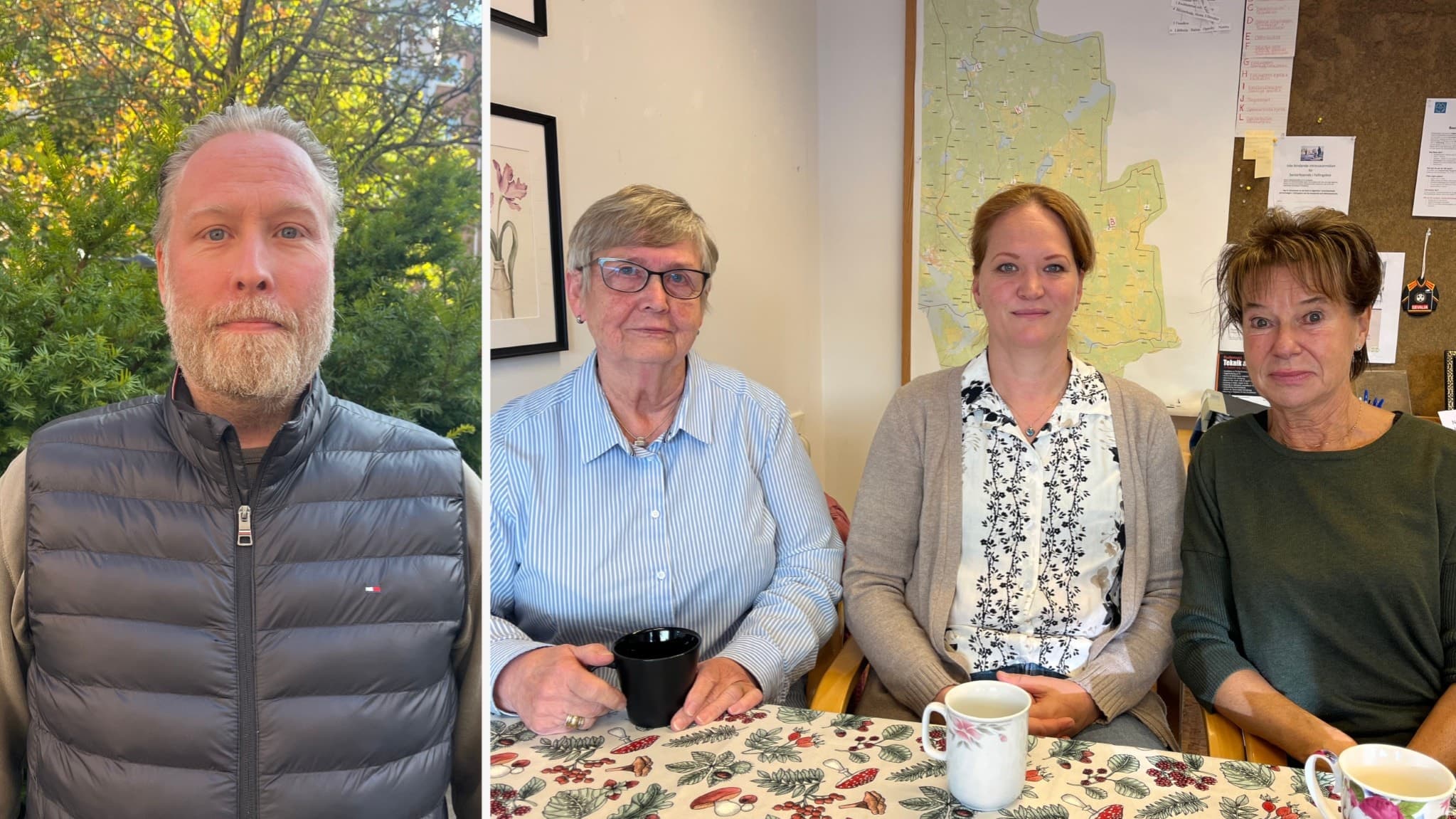 Kerstin, Maria och Marita sitter vid ett bord med kaffekoppar, omgivna av papper och en karta på väggen. Politikern Tom Persson står utomhus i en parkmiljö, iförd en mörk quiltad jacka.