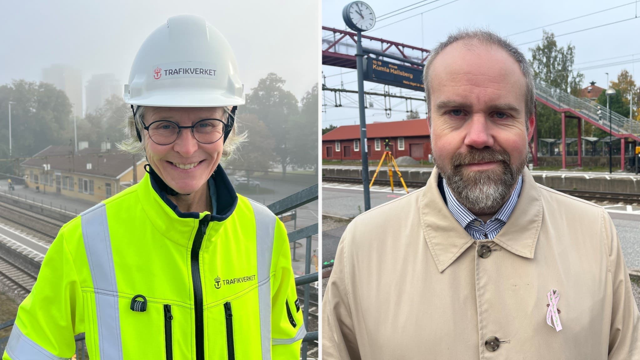Två personer står vid Södra station. Den ena har på sig en gul arbetsjacka och hjälm med Trafikverket-logotyp. Den andra står framför en perrong och är klädd i beige kappa.
