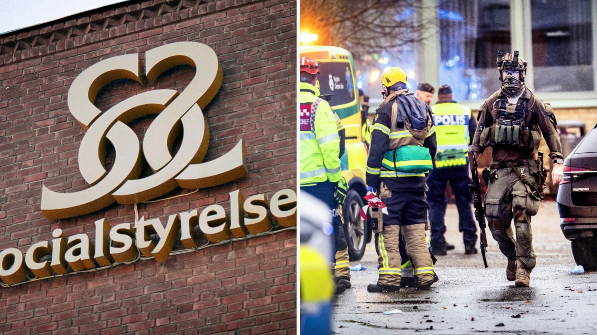 Bildmontage med Socialstyrelsens logotyp på en tegelvägg till vänster och en insatsstyrka med polis och räddningspersonal vid en avspärrning till höger.