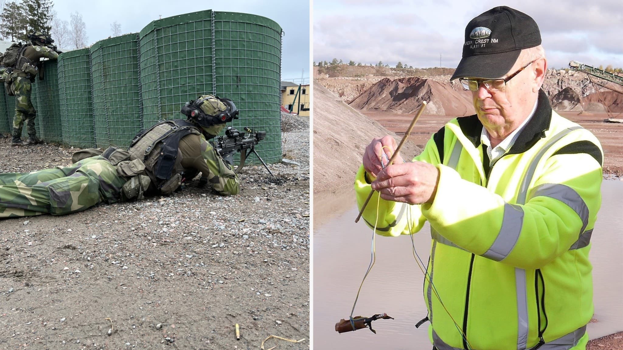 Till vänster en soldat i kamouflagekläder som ligger ned och siktar med ett vapen vid en skyddsbarriär. Till höger Bo Janzon i gul väst som håller upp en sprängladdning vid ett grustag.