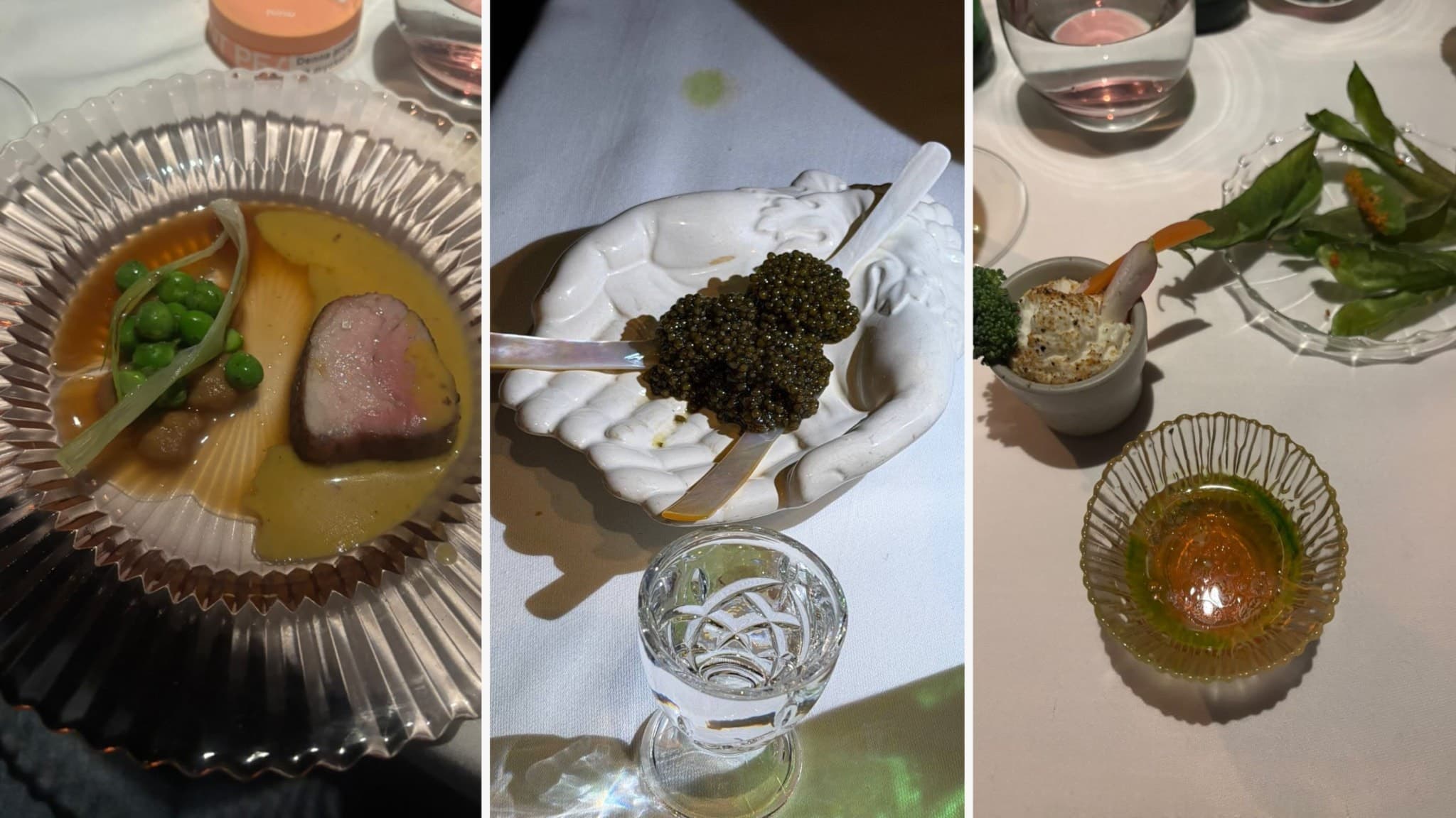 Tre exklusiva rätter från en lyxrestaurang, inklusive fisk med buljong, kaviar serverad i en snäcka, och en grönsaksbaserad rätt med dryck. Fotograferade på elegant dukning.