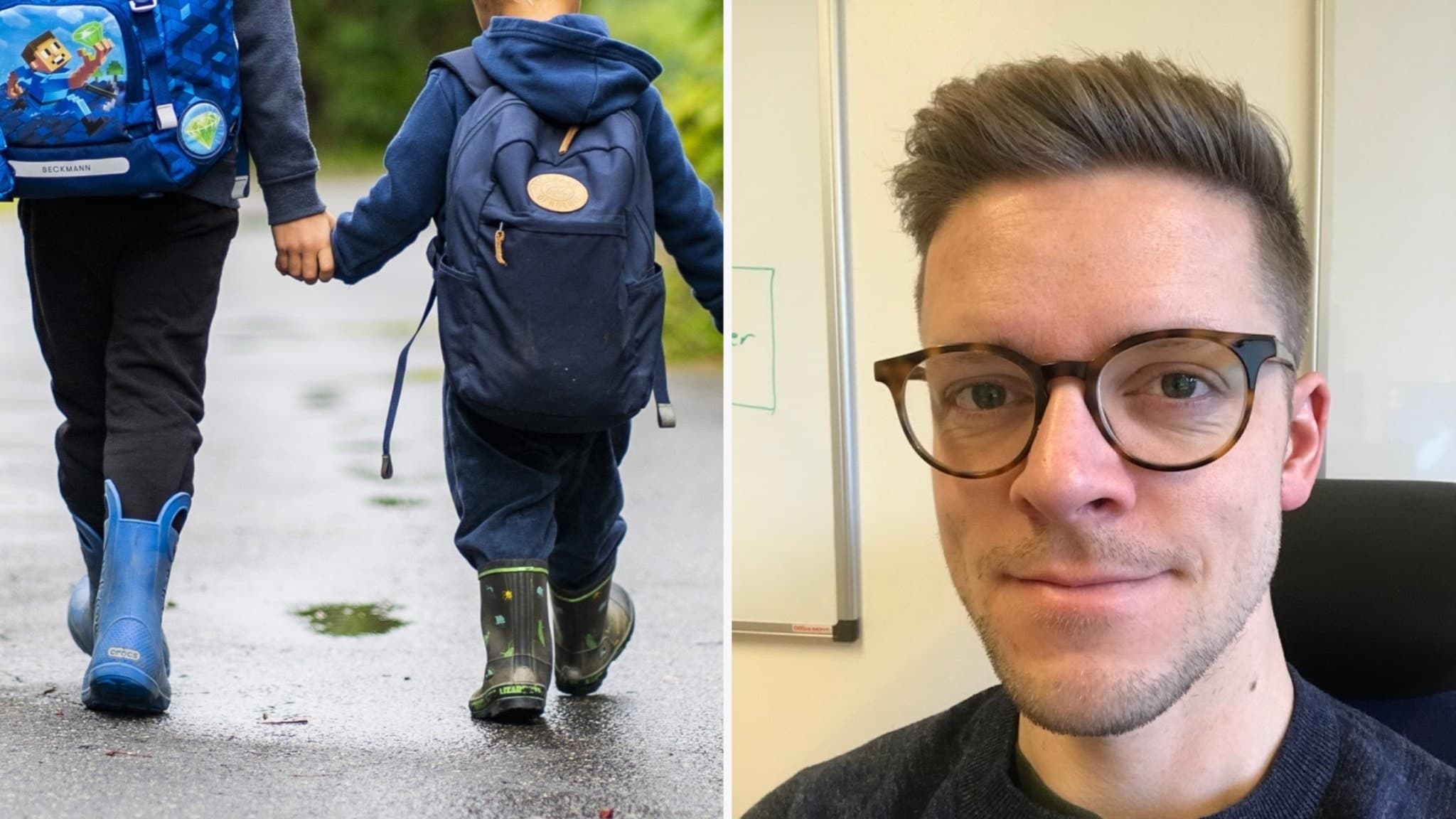 Två barn med ryggsäckar och stövlar går hand i hand på en regnig väg. Till höger syns Pär-Johan Jönsson, ordförande i För- och grundskolenämnden.