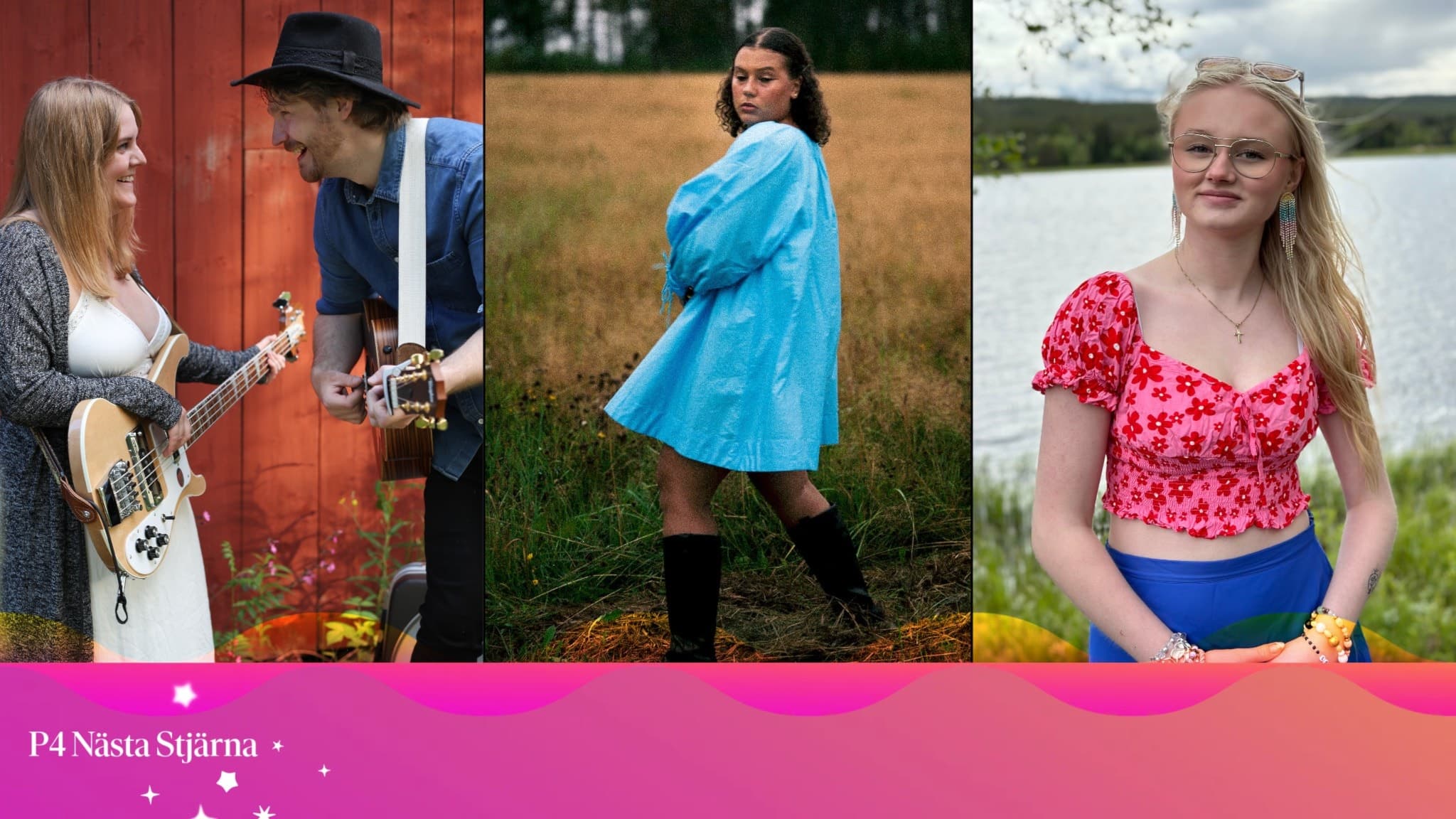 Tre finalister i P4 Nästa Stjärna Dalarna 2025. Två musiker spelar gitarr framför en röd vägg, en person står på en äng i blå klänning, och en annan poserar vid en sjö i blommig topp.