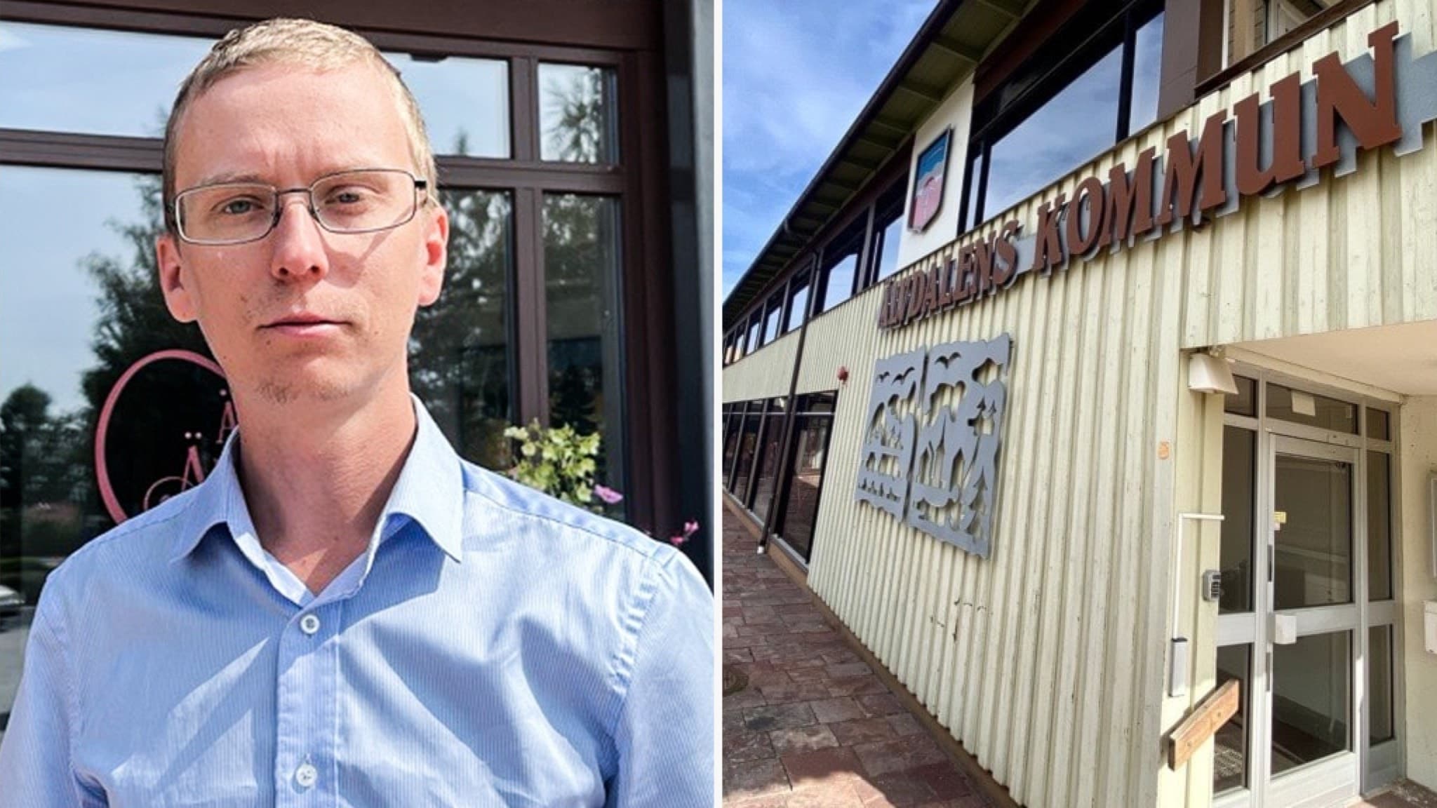 Bildmontage med Kristian Koivumäki, kommundirektör i Älvdalen, klädd i ljusblå skjorta framför en byggnad, samt en separat bild av Älvdalens kommunhus med entréskylt.