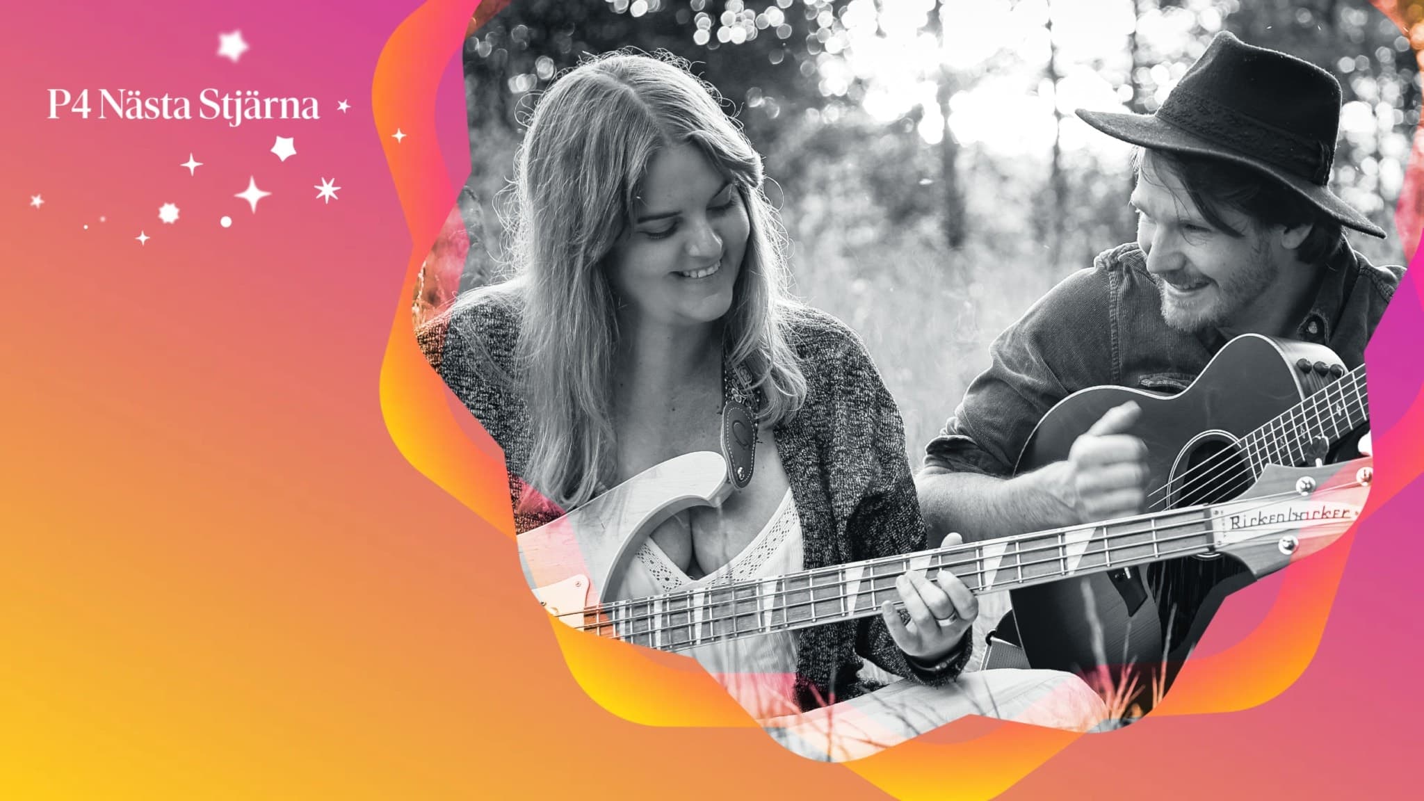 Två musiker från The Showlins spelar gitarr och bas i naturen med texten 'P4 Nästa Stjärna' i grafik.
