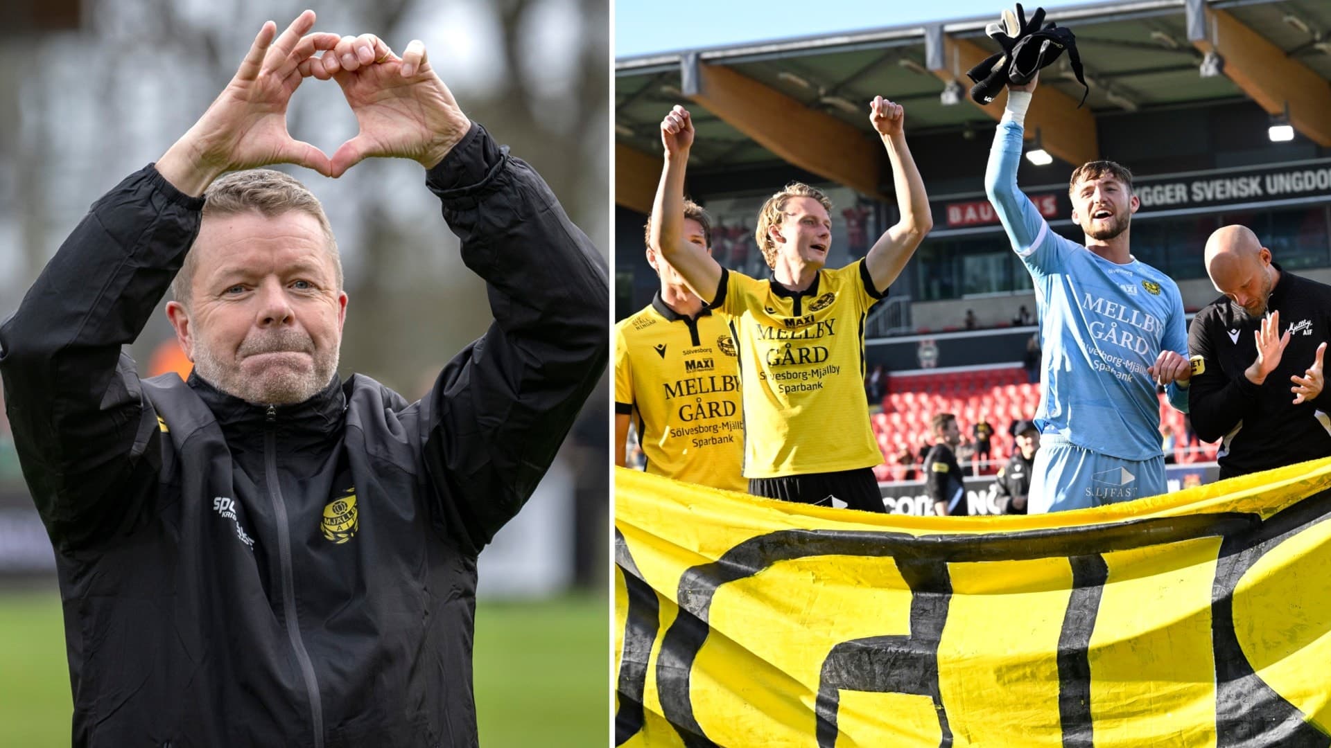 Person klädd i svart jacka formar ett hjärta med händerna. Intill syns fotbollsspelare i gula och blåa matchkläder fira med en gul banderoll på en stadion.