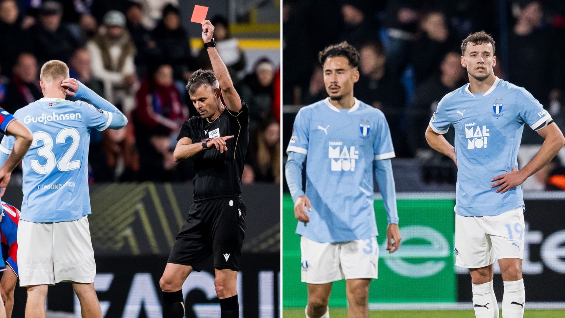 En fotbollsmatch där en domare visar rött kort till en Malmöspelare. Två Malmö FF-spelare står på plan i ljusblå matchtröjor, medan publiken syns i bakgrunden.