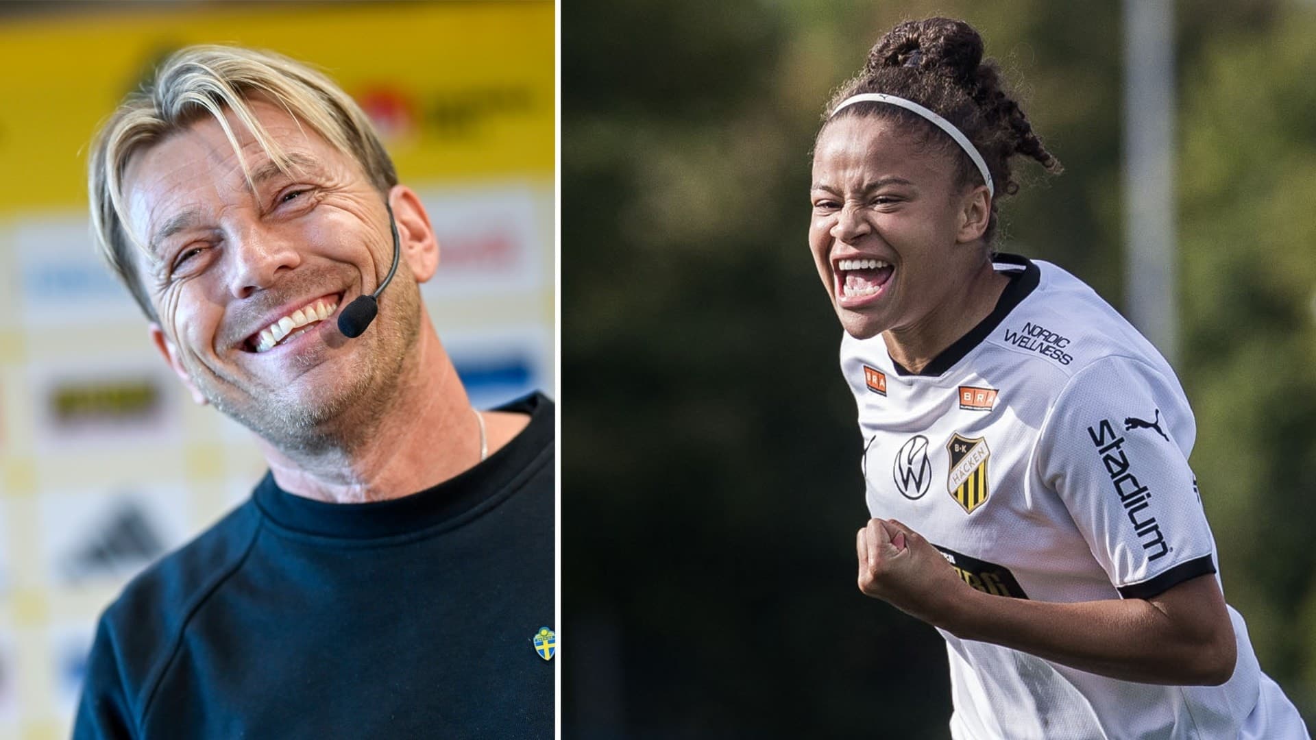 En collagebild med två personer relaterade till fotboll. Till vänster en man i mörk tröja framför en gul bakgrund. Till höger en kvinnlig fotbollsspelare i vit matchtröja under en fotbollsmatch.
