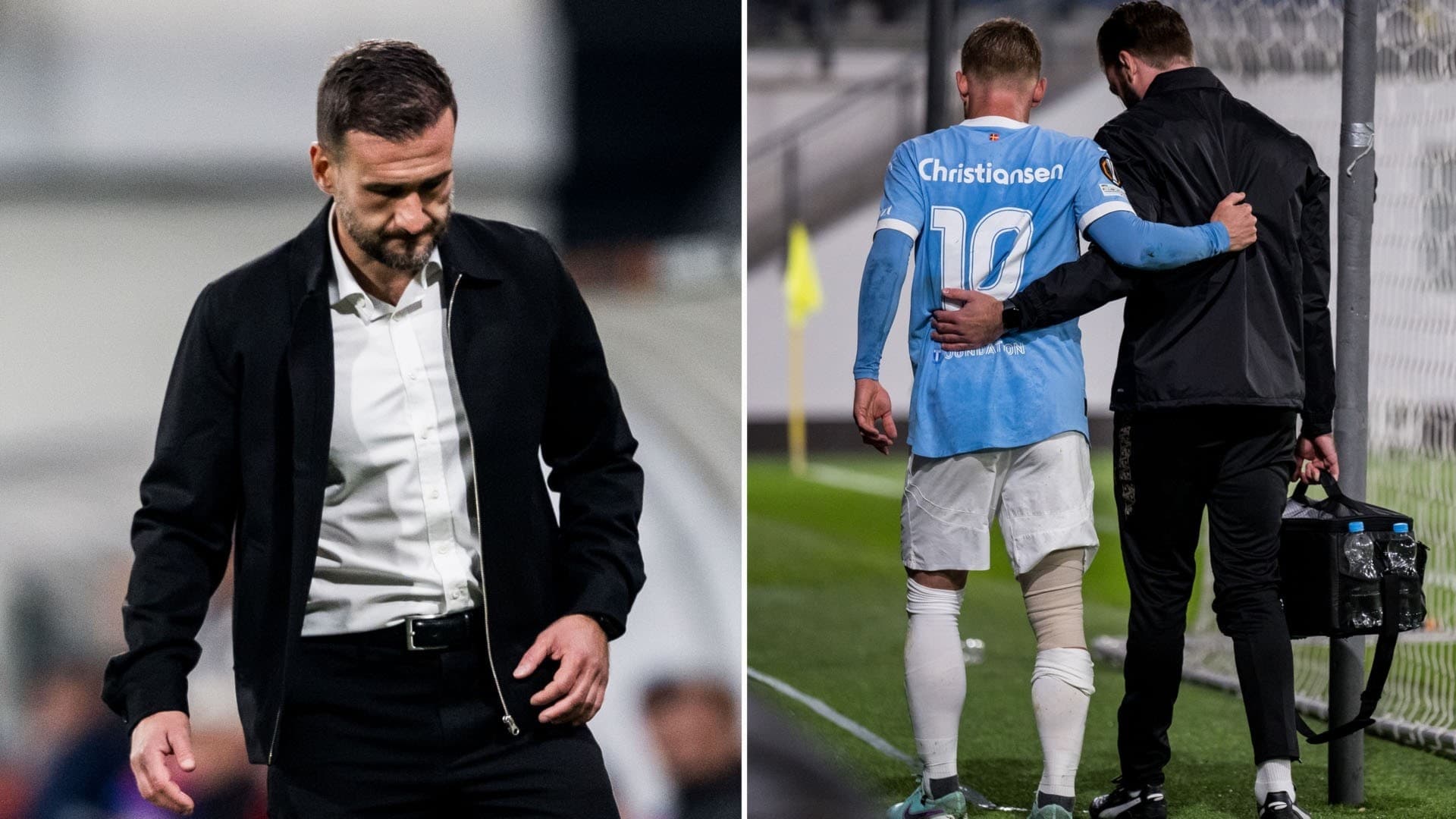 En fotbollsspelare i ljusblå tröja med nummer 10 på ryggen får stöd av en medicinsk personal och leds av planen efter en skada under en match. En tränare syns i kostym på sidlinjen.