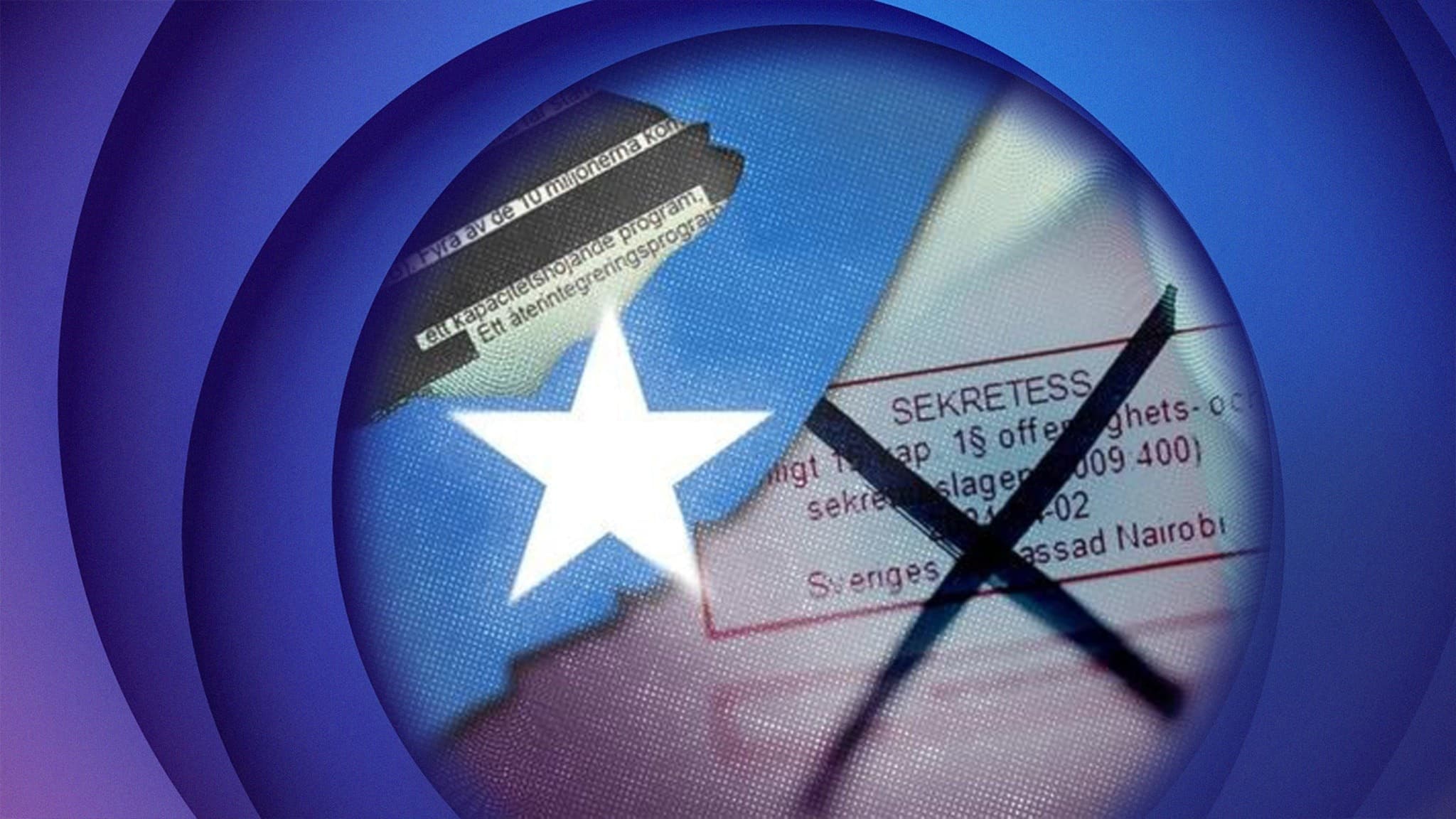 A collage made up of parts from Somalia's flag, a document with a stamp quoting the secrecy act and a document where parts of the text has been masked.