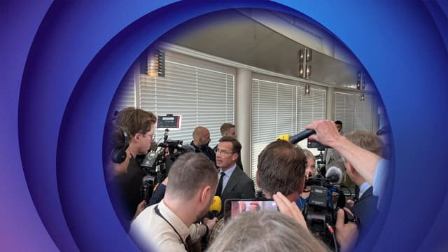 Prime Minister Ulf Kristersson answering questions from media ahead of Wednesday's first party leader debate of the new parliamentary year.