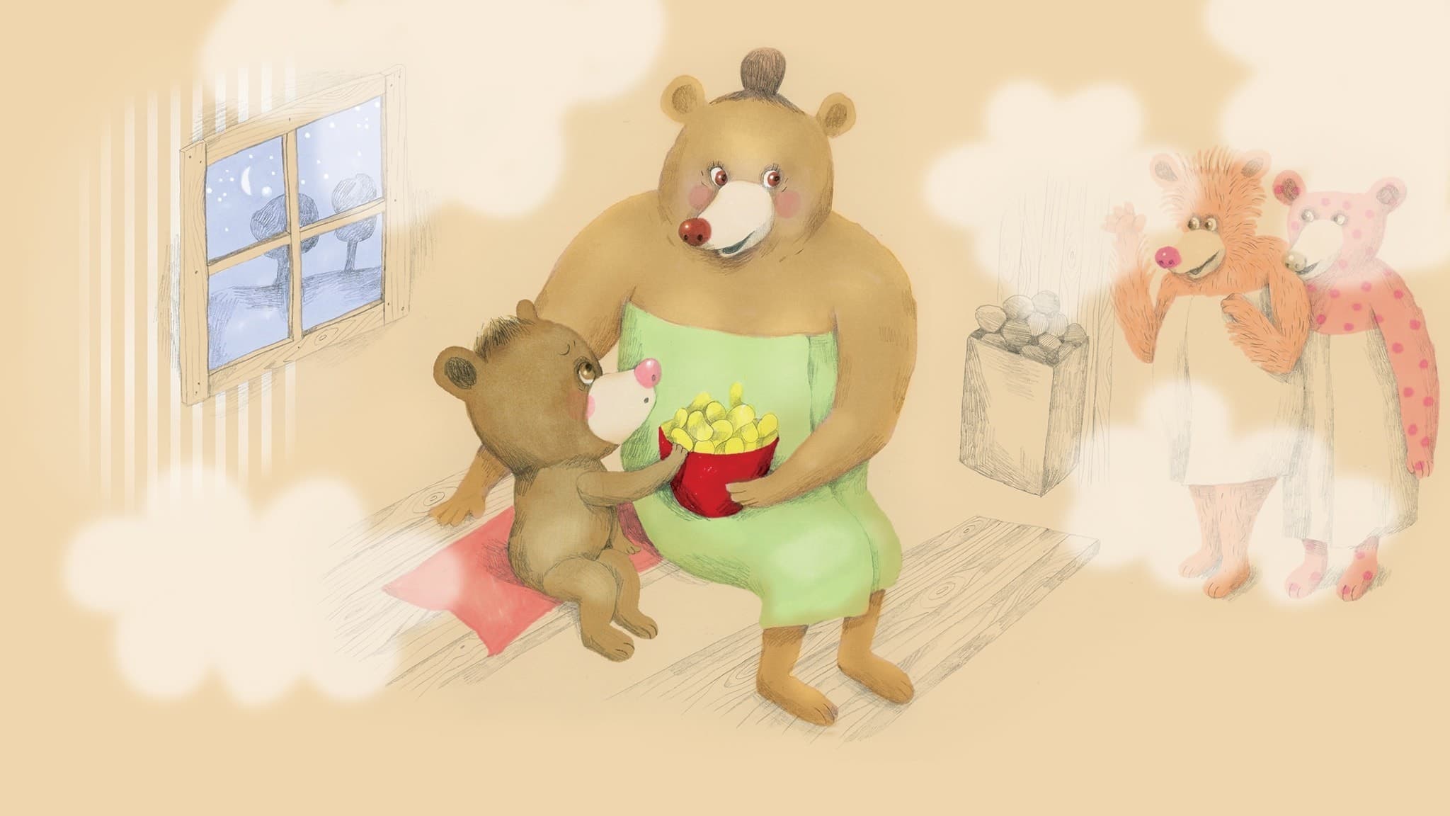Nalle och farmor sitter i bastun med en skål chips när farmors kompisar kommer in. Illustration: Lotta Geffenblad