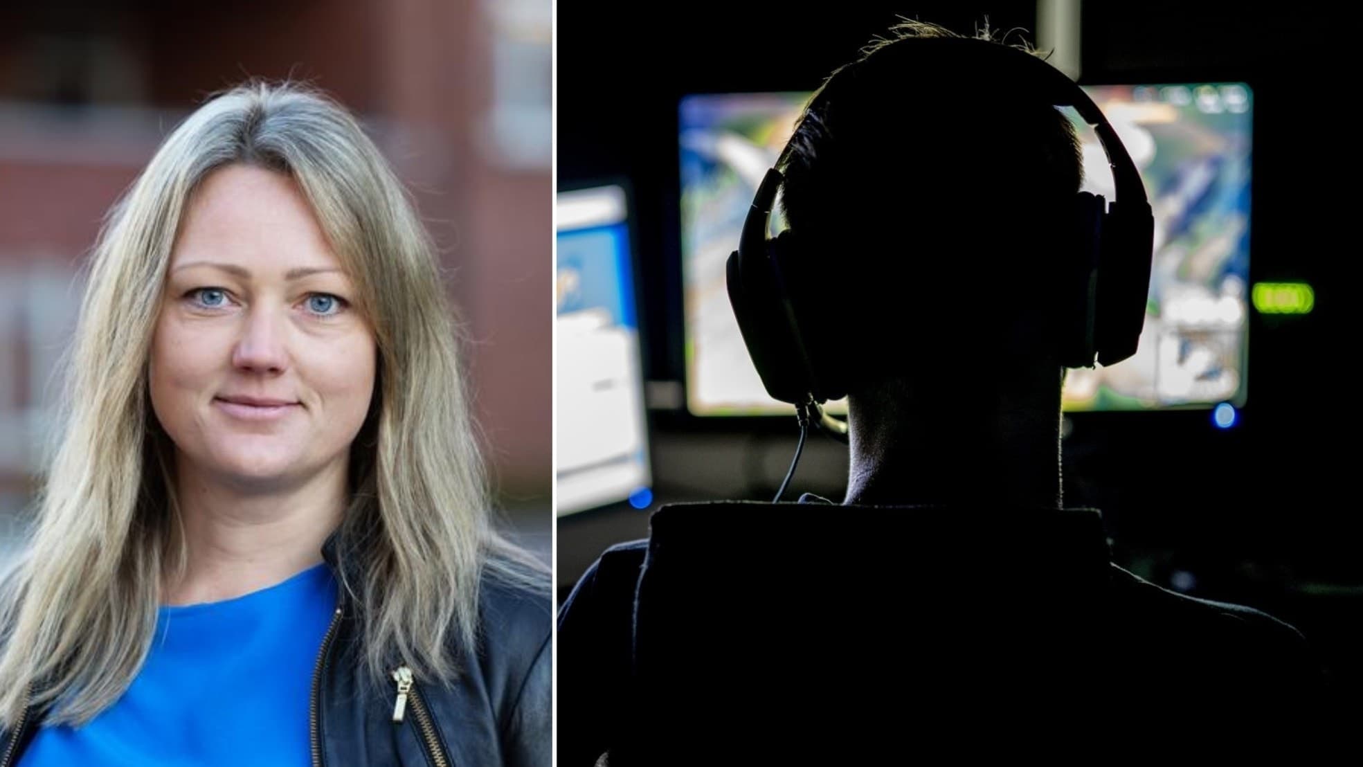 Annika Hofstedt är doktorand och leder studien om datorspelsberoende. Den andra bilden är en mörk siluett bakifrån som sitter fram två skärmar och spelar datorspel. 