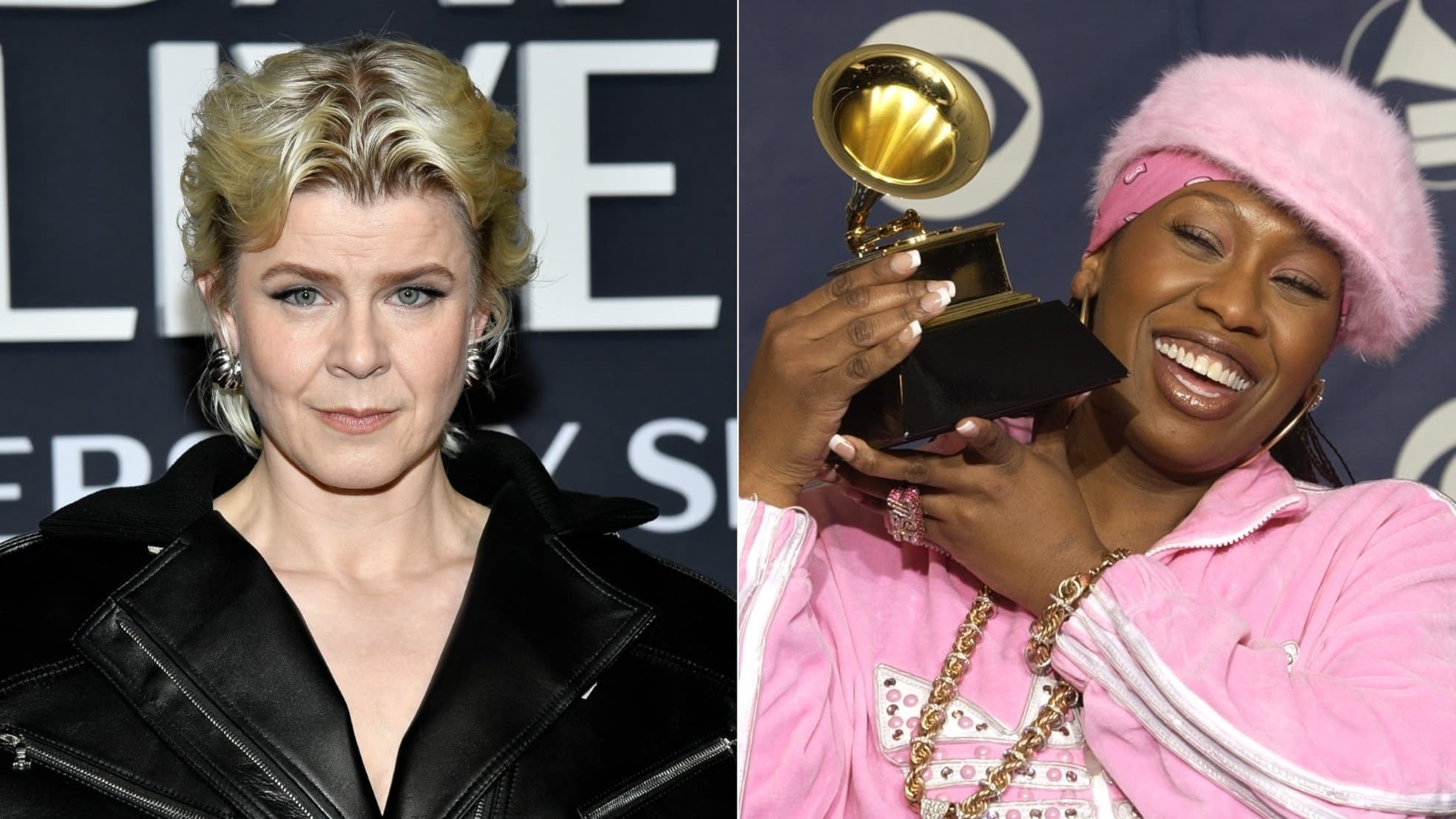 Två personer visas sida vid sida; den vänstra i en svart skinnjacka och den högra i rosa kläder och keps, håller upp en Grammy-statyett. Rolling Stone har listat 2000-talets bästa låtar.